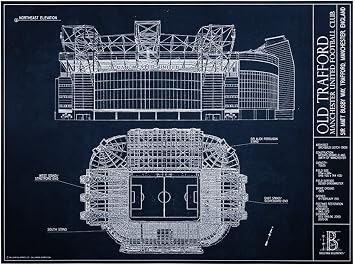 Old Trafford - Manchester United Football Club - Blueprint Style Print Unframed, 18" H x 24" W
