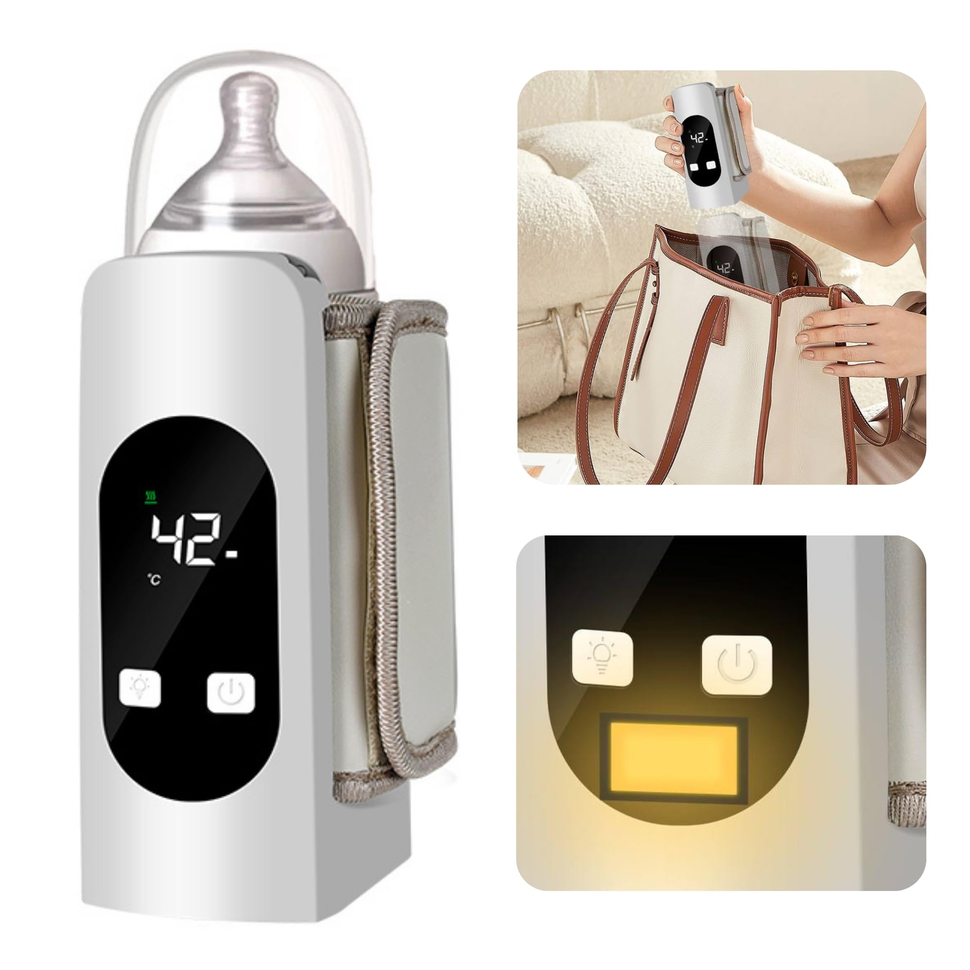 Smartia – calienta biberones portatil Modelo 2026, batería de 9000 mAh y resistente a líquidos, calentador de biberon con pantalla y luz nocturna para tu bebe, 6 niveles de Tº, Cert. CE ROSH