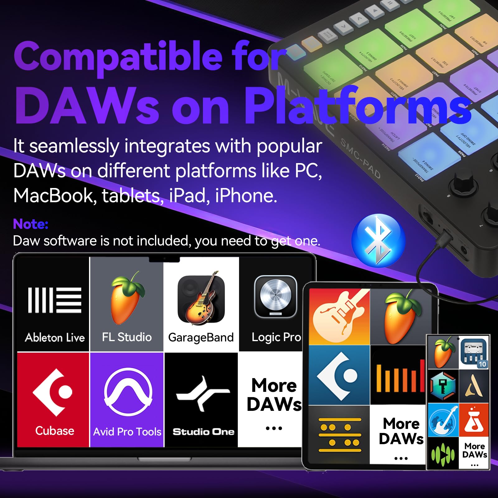 SMC-PAD Plus con adattatore Lightning di tipo C, con controller MIDI portatile M-Wave, batteria da 2000 mAh, attrezzatura da studio per registrare musica a casa