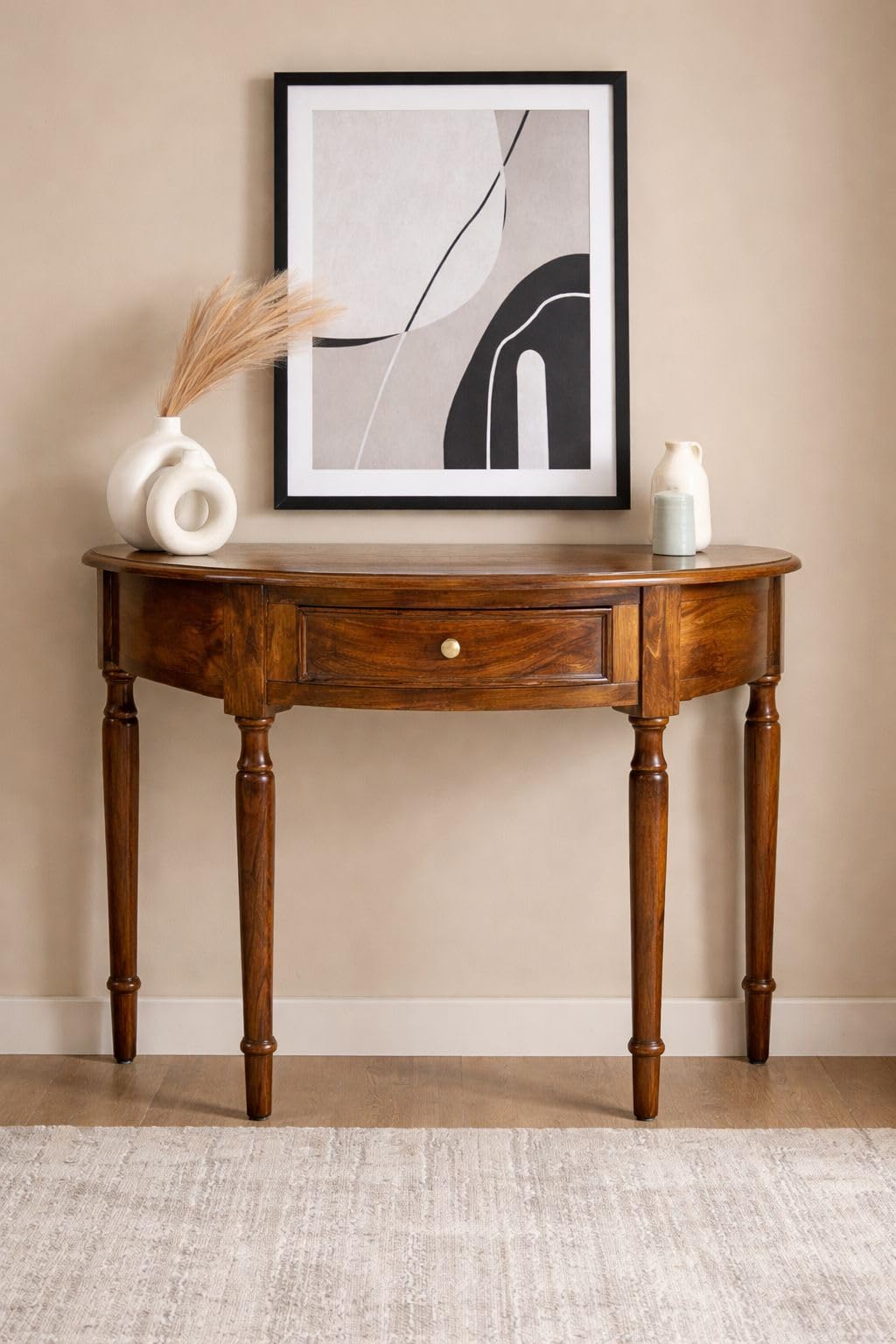 Wooden Half Round Console Table for Living Room | Wooden Side Entrance Table for Home with Drawer Storage | Entryway/Foyer Table | Rosewood, Natural Brown Finish-image-19