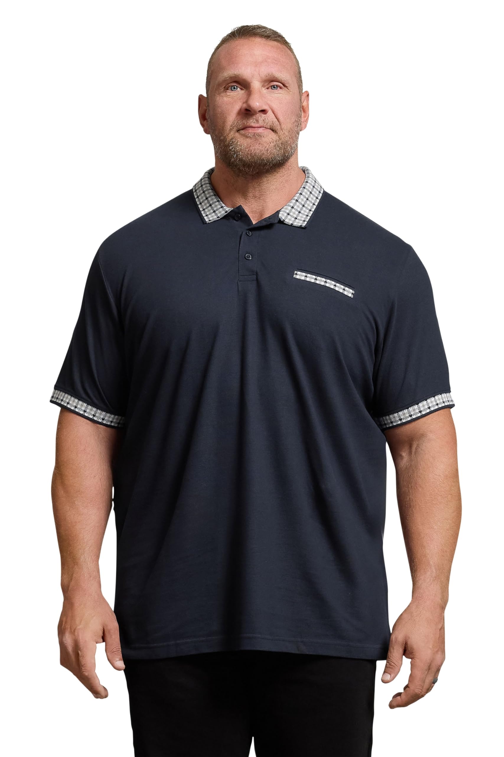 Badrhino Men's Navy Big & Tall Blue Jacquard Checked Collar Polo Shirt - Plus Size Curve