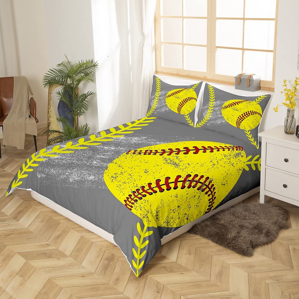Softball Bedding Full Size,Softball Comforter Cover for Girls All Season Soft,Baseball Duvet Cover for Kids Youth Man Dorm Decor,Vintage Tie Dyed Bedspread Cover with 2 Pillowcases Lightweight