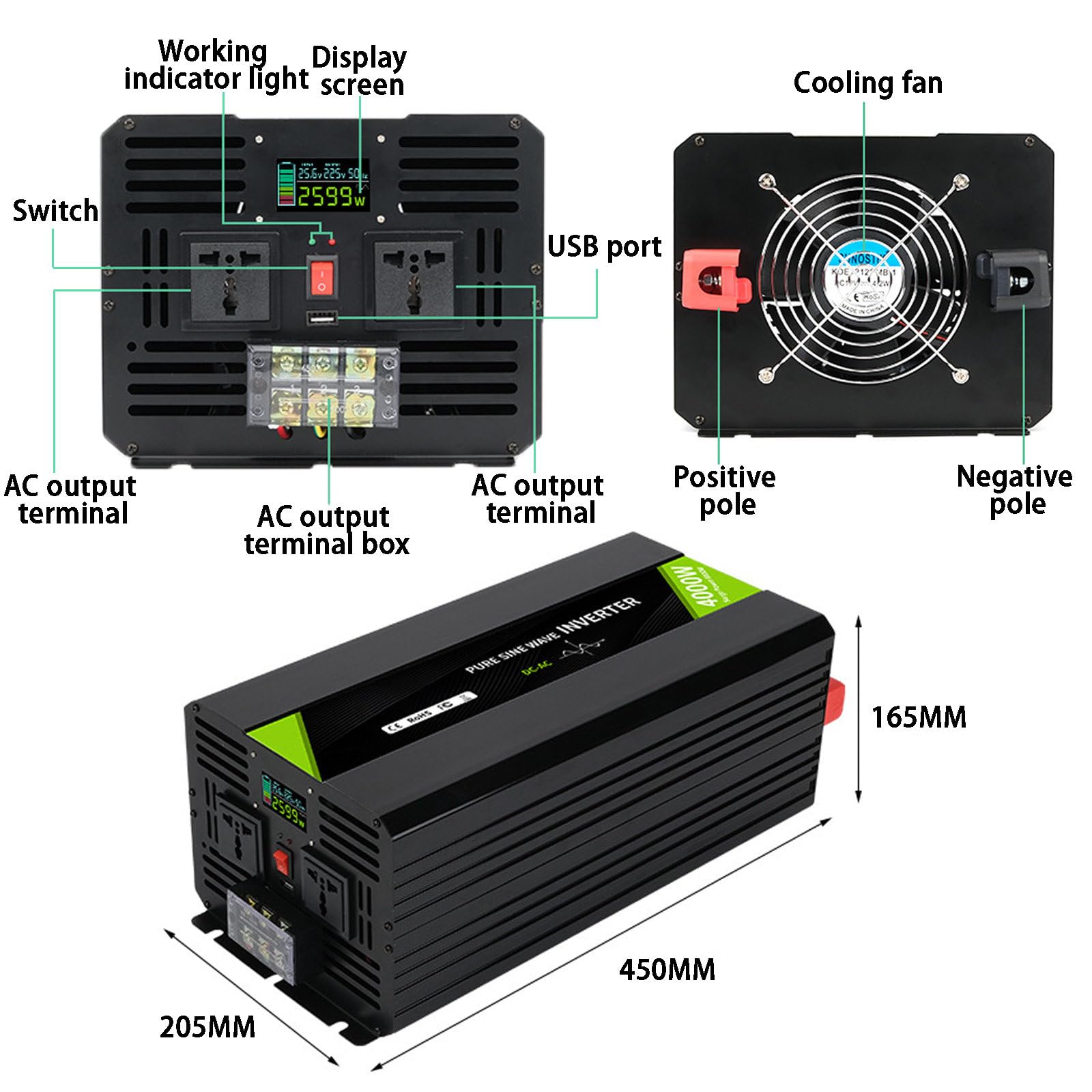 Przetwornica Napięcia Samochodowego Przetwornica DC 12 V/24 V/48 V do AC 110 V/220 V, Szybka ładowarka Samochodowa do Podróży Służbowych i Wakacji,4000W-DC24V-AC110V