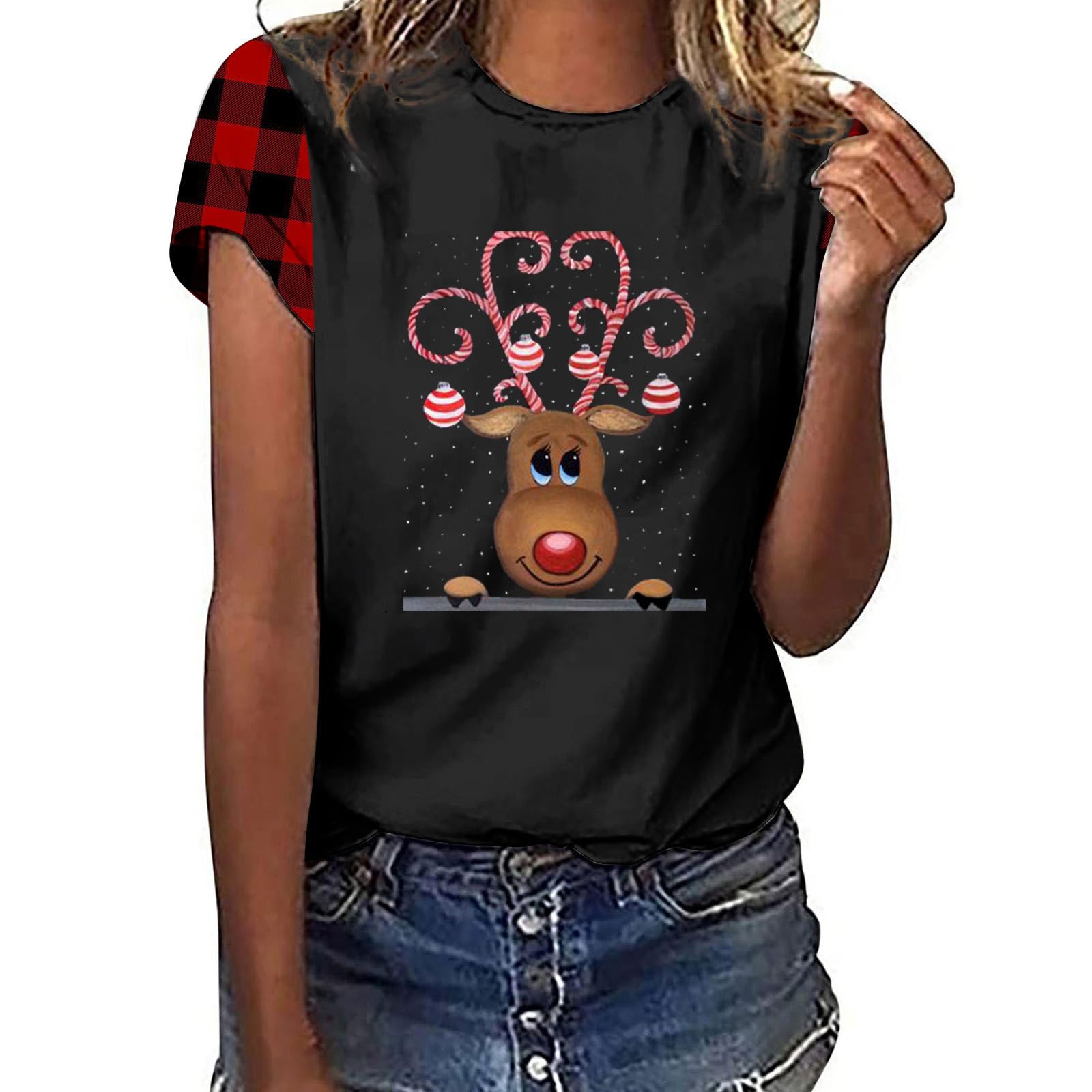 GenericUgly Christmas Shirts for Women Reindeer Graphic Plaid Short Sleeve Tshirt Workout Crewneck Tops Holiday Tunic Blouse Tees