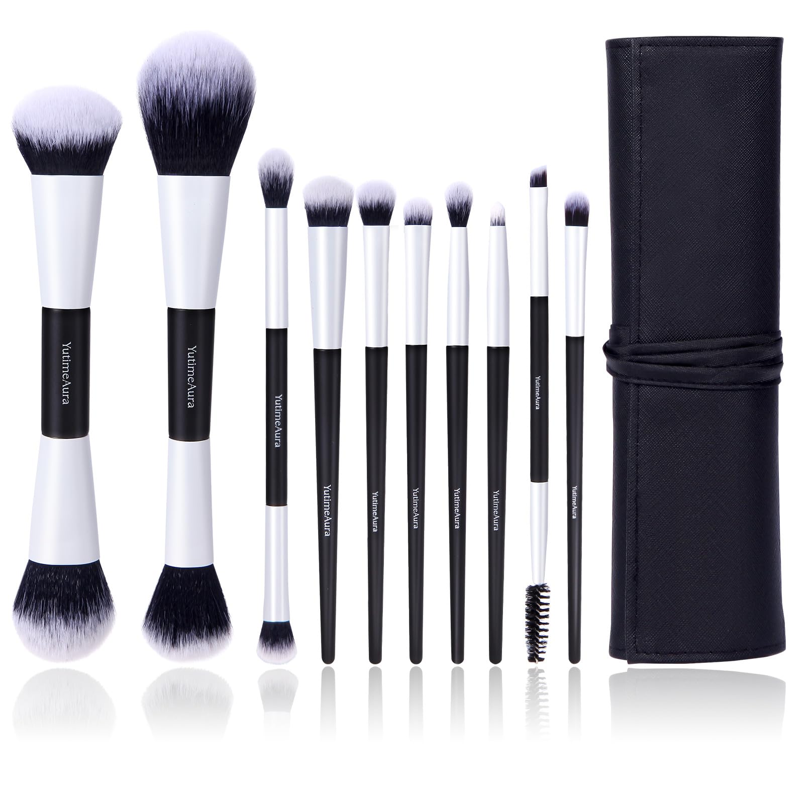 YutimeAura Juego de 10 brochas de maquillaje de doble extremo para bronceador, contorno, sombra de ojos, colorete, corrector, base