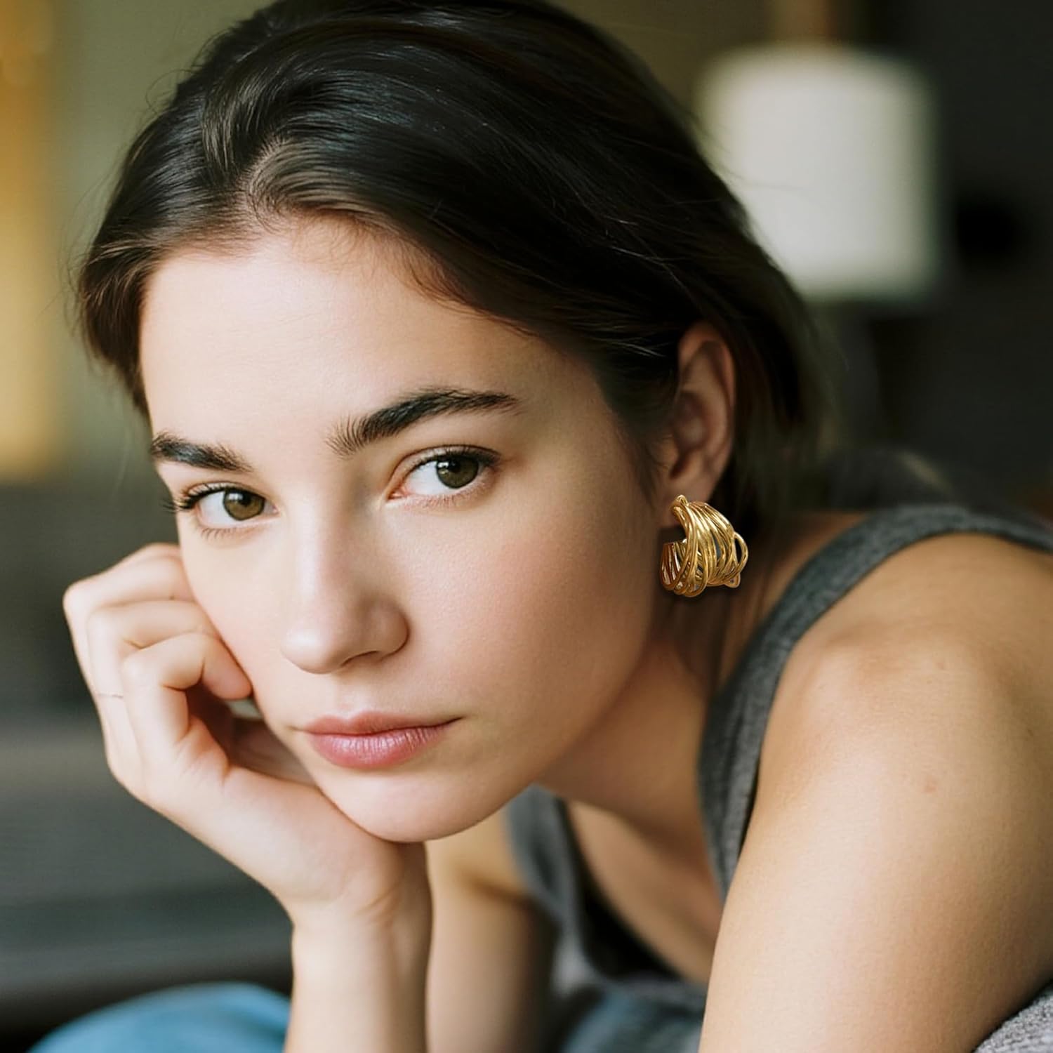 Chunky Gold Vintage Earrings for Women,Twisted Hoop Earrings,Stainless Steel Statement Earring, 18K Gold Plated Fashion Jewelry Gifts for Her Hypoallergenic Jewelry for Chrismas - Image 2