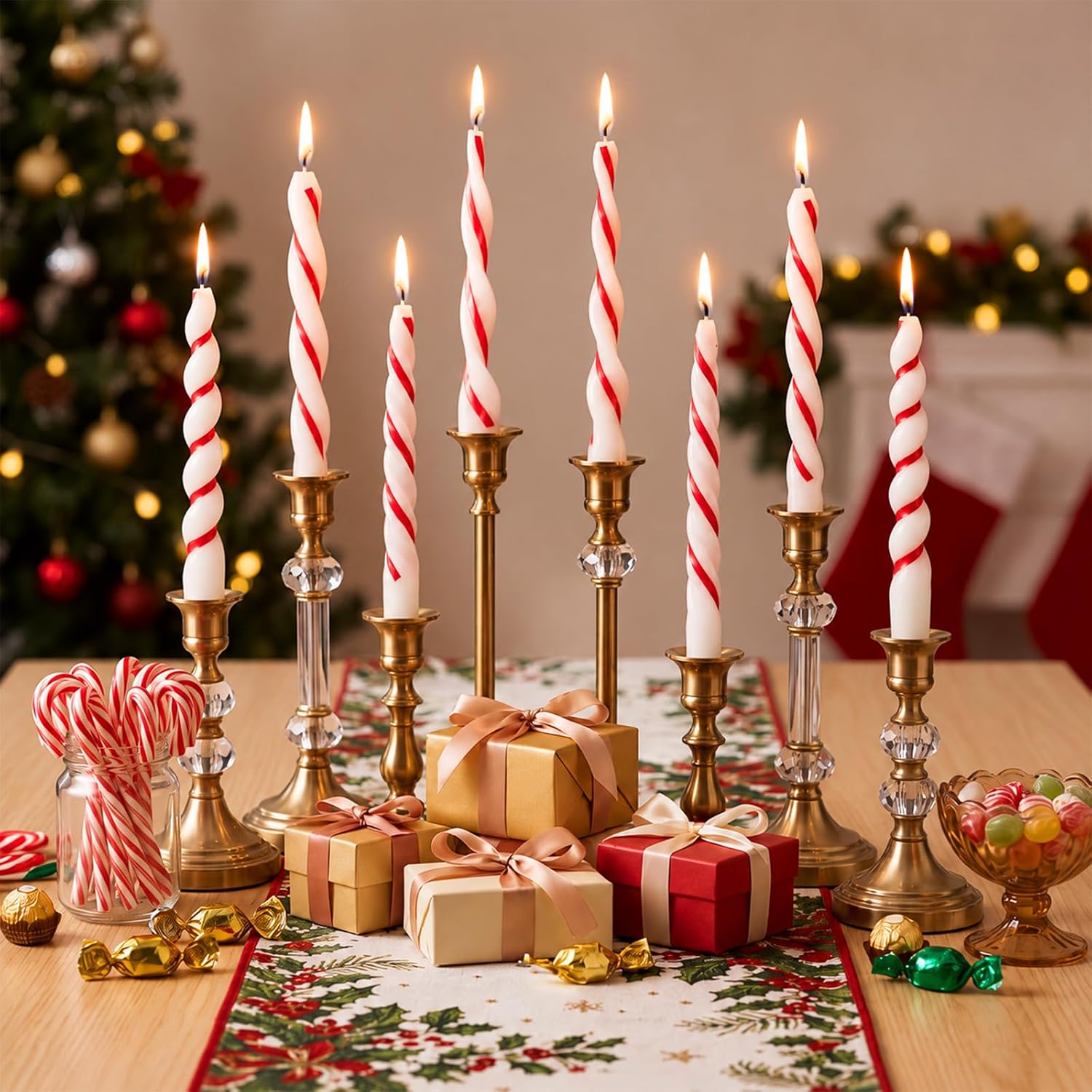 Conelist 8 Pcs Christmas Twist Taper Candles Red White Striped Wax