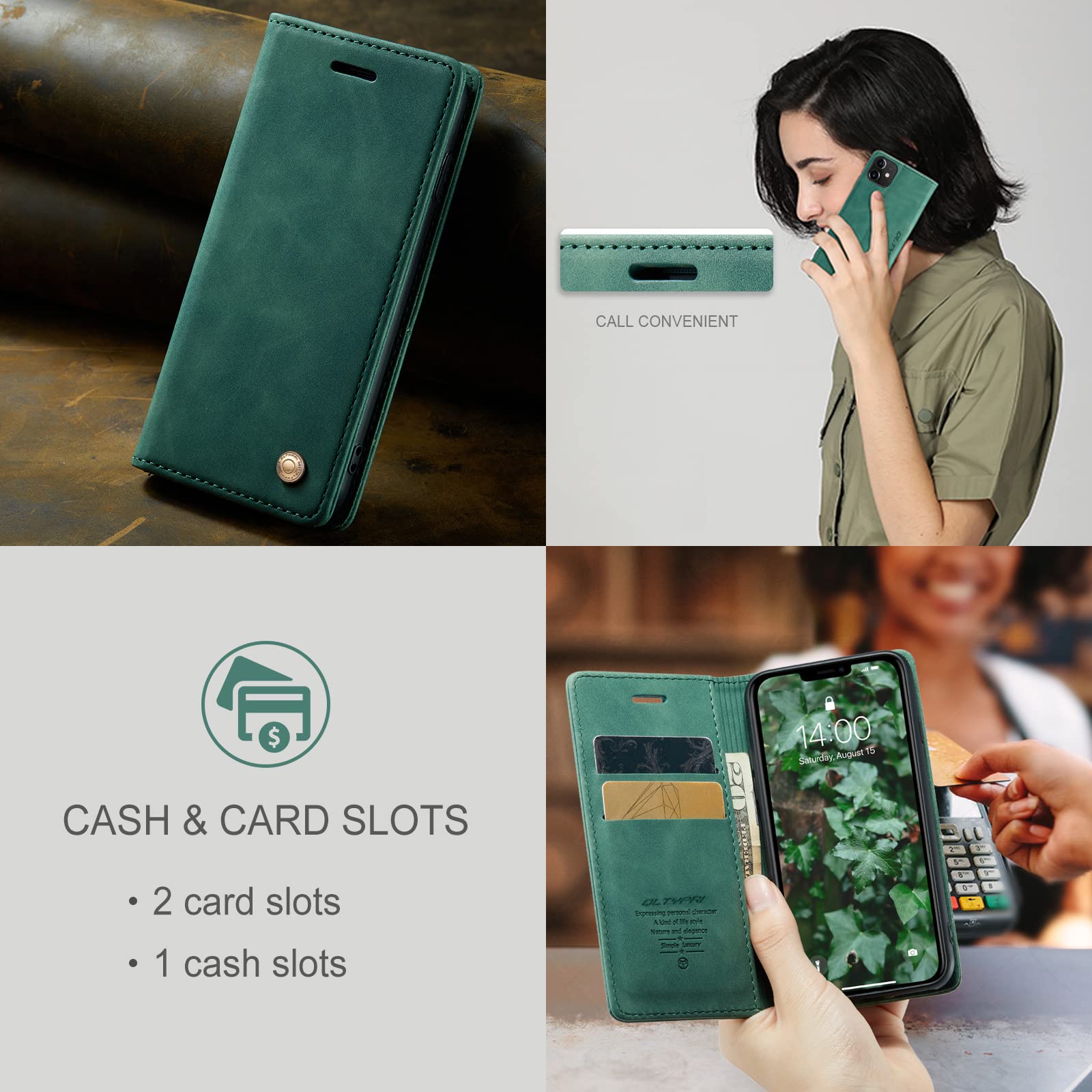 QLTYPRI Wallet Case For IPhone 11, Premium PU Leather Magnetic Flip Folio Case With [RFID Blocking] Credit Card Slots Kickstand Shockproof Protective Phone Case Cover – Green