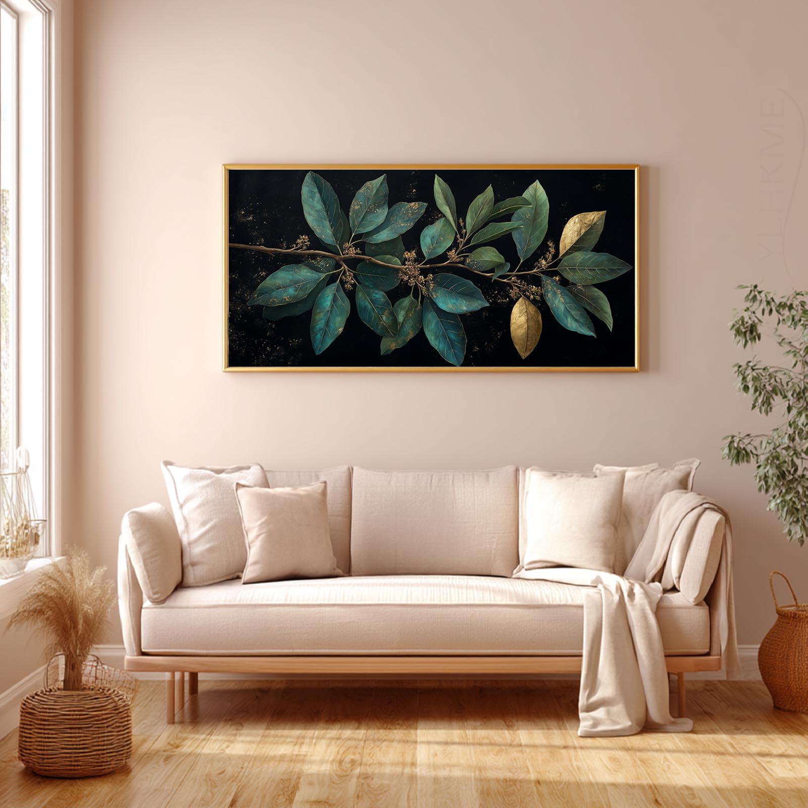 YLHKME Bilder Auf Leinwand, Abstrakt Blätter Gold Grün Leinwandbilder Kunstdruck Wandbilder Für Wohnzimmer Schlafzimmer Wohnkultur Deko (80X160CM,A-Ungerahmt)