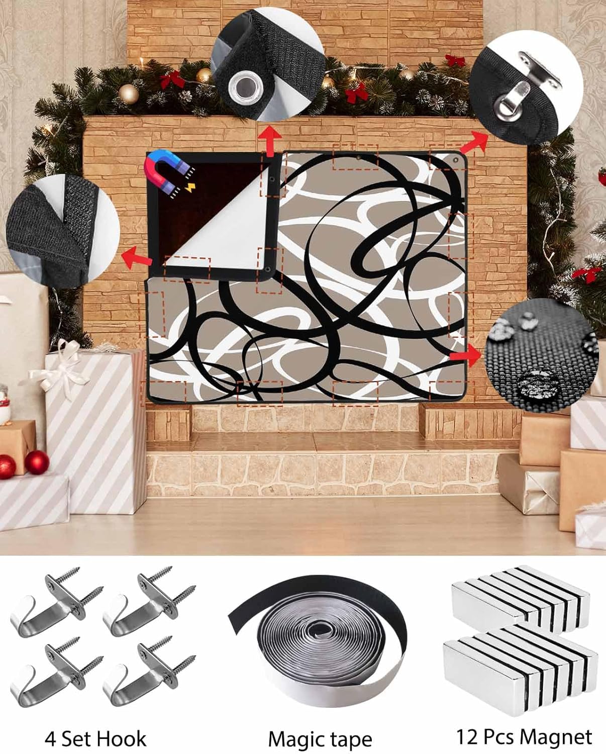 Magnetic Fireplace Cover Khaki Black Circle Lines Fireplace Screen Decorative Stripe Modern Abstract Art Insulation Fireplaces Blocker Save Energy Fireplaces Draft Stopper Covers for Living Room 36x30