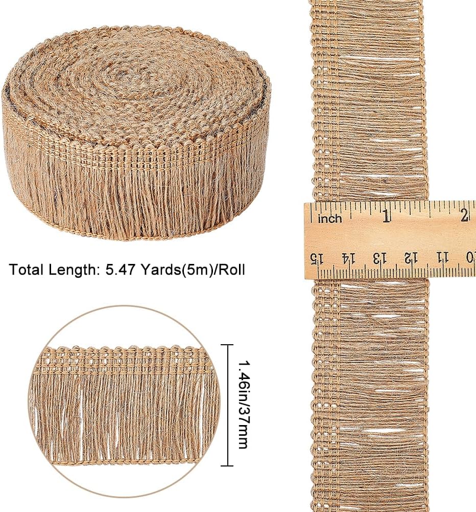 GORGECRAFT 5.5 Yards 1.46" Wide Burlap Fringe Tassel Trim Jute Lace Sewing Chainette Fringe Fibre Trimmings Flat Jute Cord Hemp Rope Brush Basic Trim for Christmas Decor Latin Dance Wedding Dress DIY