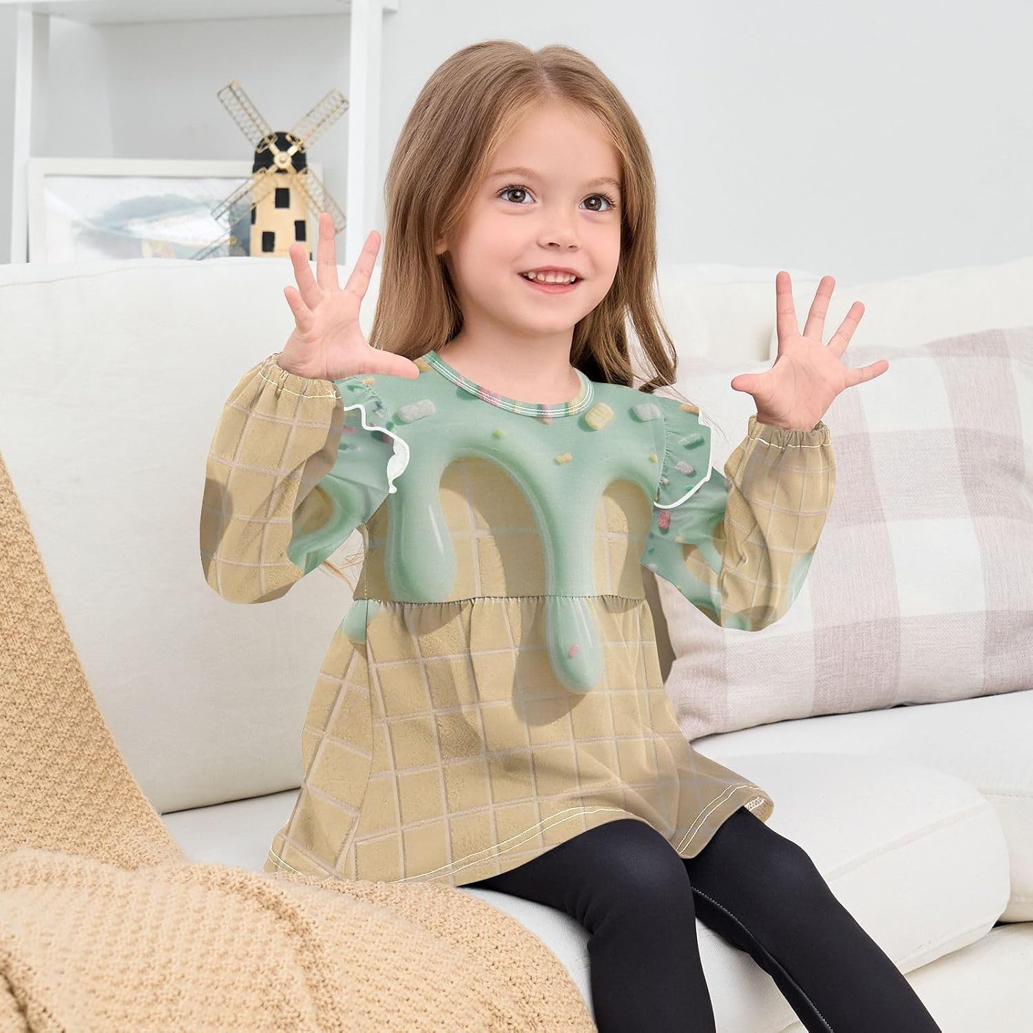 visesunny Toddler Clothes for Girls Green 3D Candy Ice Cream Long Sleeve Fall Shirts Cotton Top with Ruffle Collar