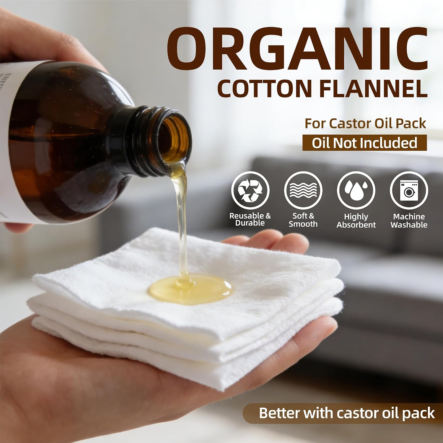4-Pack Cotton Flannel Flannel for Castor Oil Packs, Unbleached,Organic Cotton Wrap- Soft, Highly Absorbent, Reusable - 17.5" L x 9" W, Reusable Compress for Abdomen, Joints & Whole Body Wellness