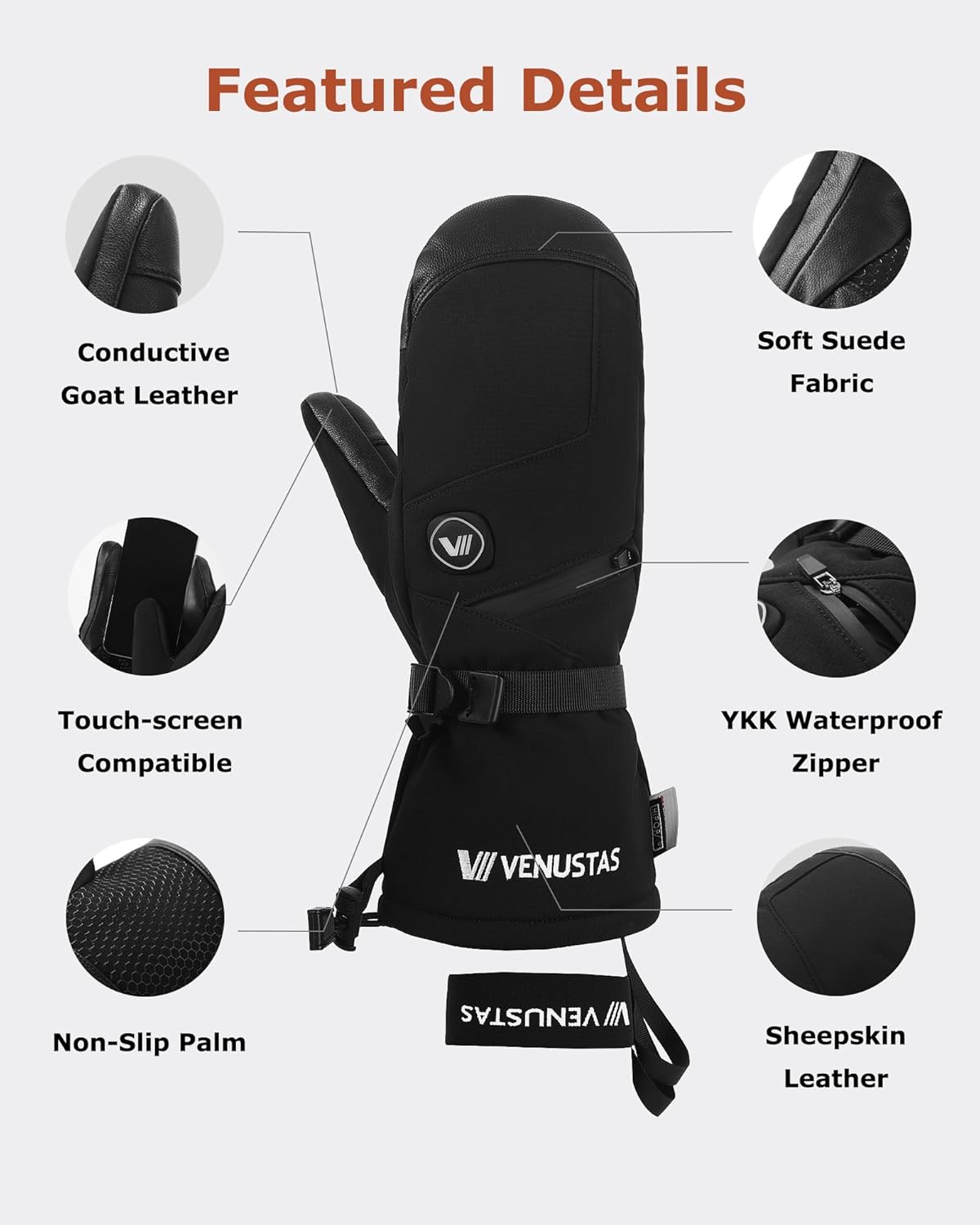 Venustas Heated Mittens for Men & Women, 14H Battery Gloves with Smart Temperature Control, Waterproof Leather Ski Gloves - Image 5