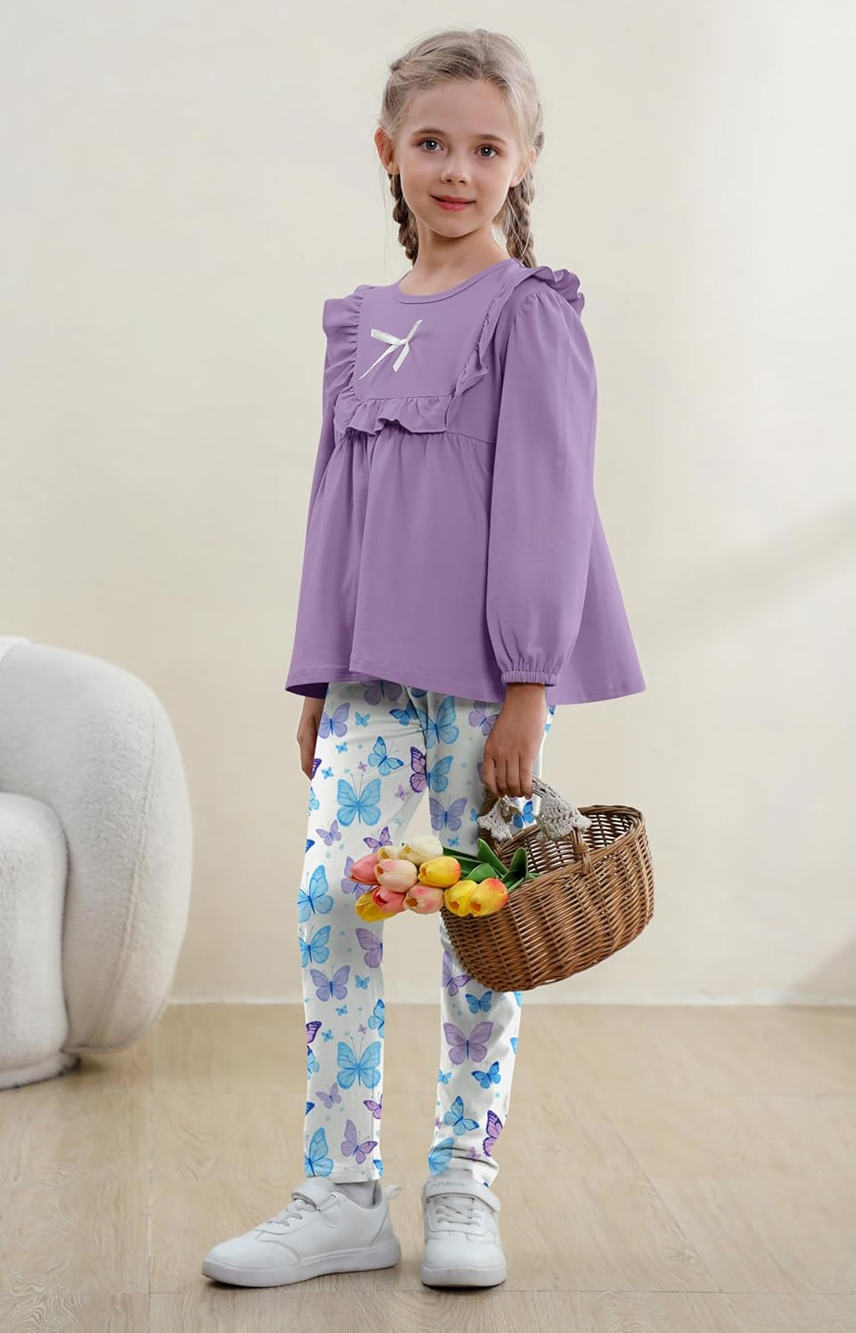 AMCLOS Girl Outfit Set 3-8 Years Kids Clothes,Adorable Cute Ruffle Bowknot Long Sleeve Tops+Long Floral Pants Fall - Image 5