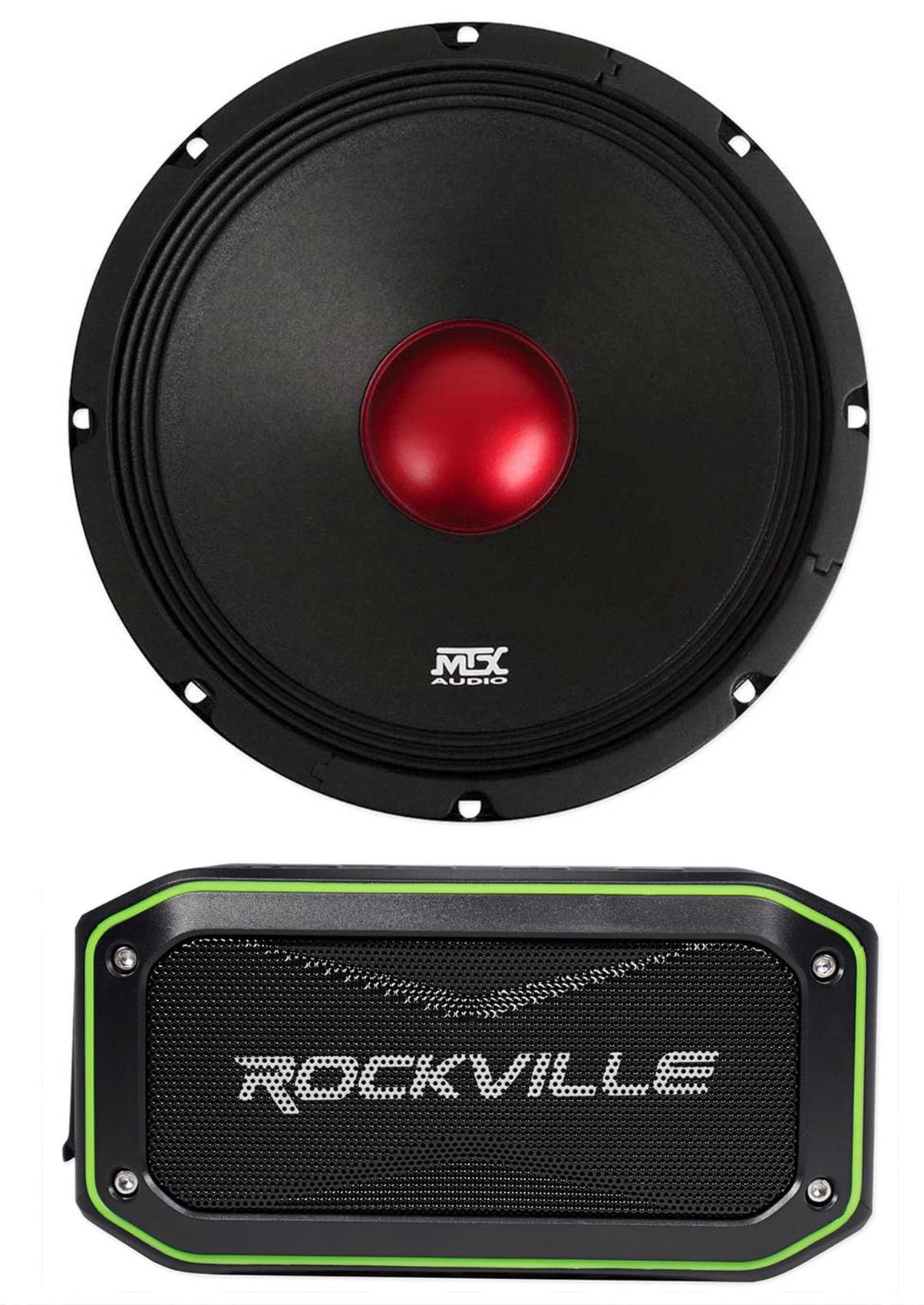 Audiosavings Bundle: MTX Thunder RTX108 10 500 Watt 8-Ohm Mid-bass/Midrange Car/Pro Audio Speaker Bundle Rockville Rock Anywhere Waterproof Portable Bluetooth Speaker+TWS Stereo Linking (2 Items)