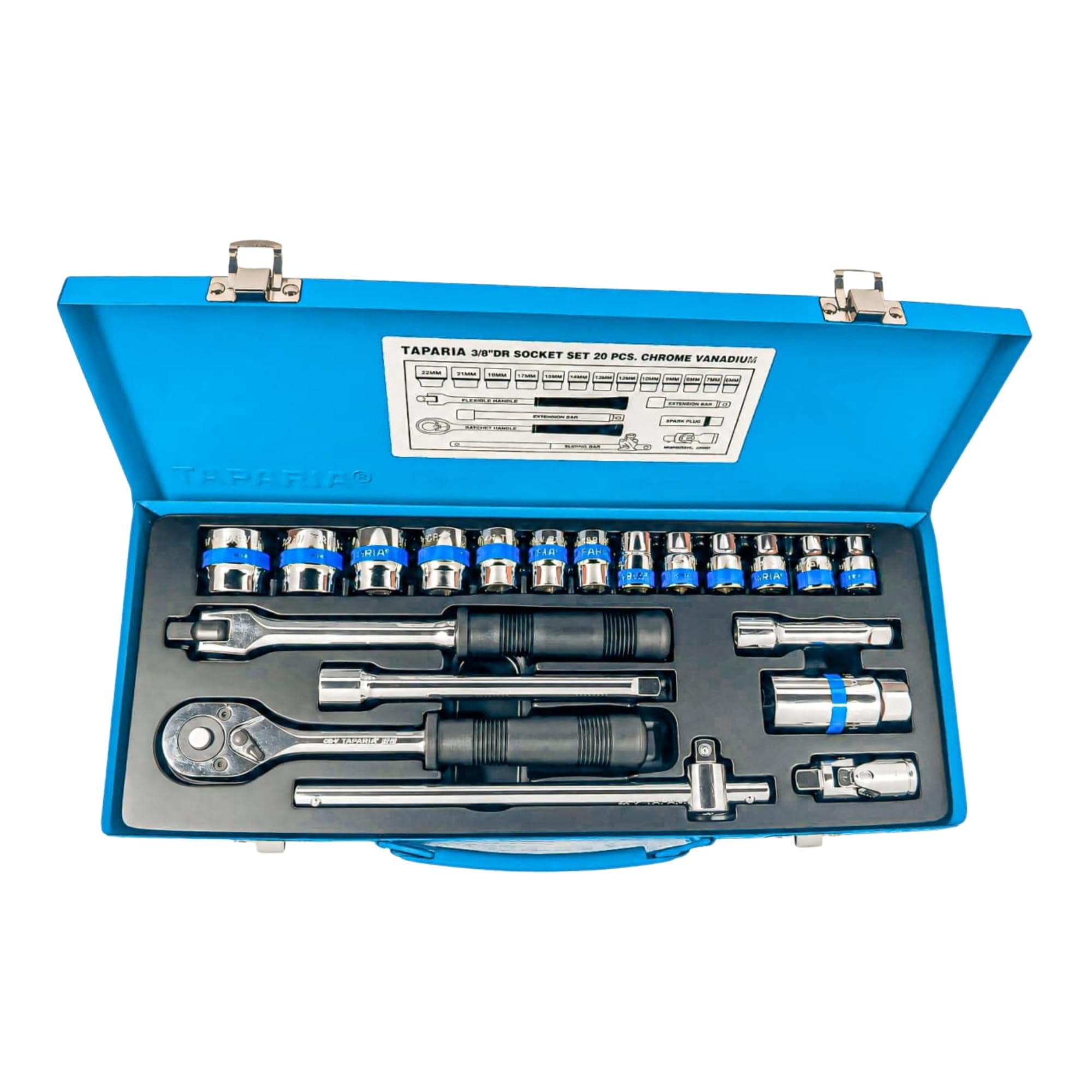 Taparia S3/8H Socket Set, 3/8 Inch Drive, 14 Sockets + Accessories | Hexagonal Chrome Vanadium Steel Sockets & Bits | Professional Workshop & Auto Tool Kit.