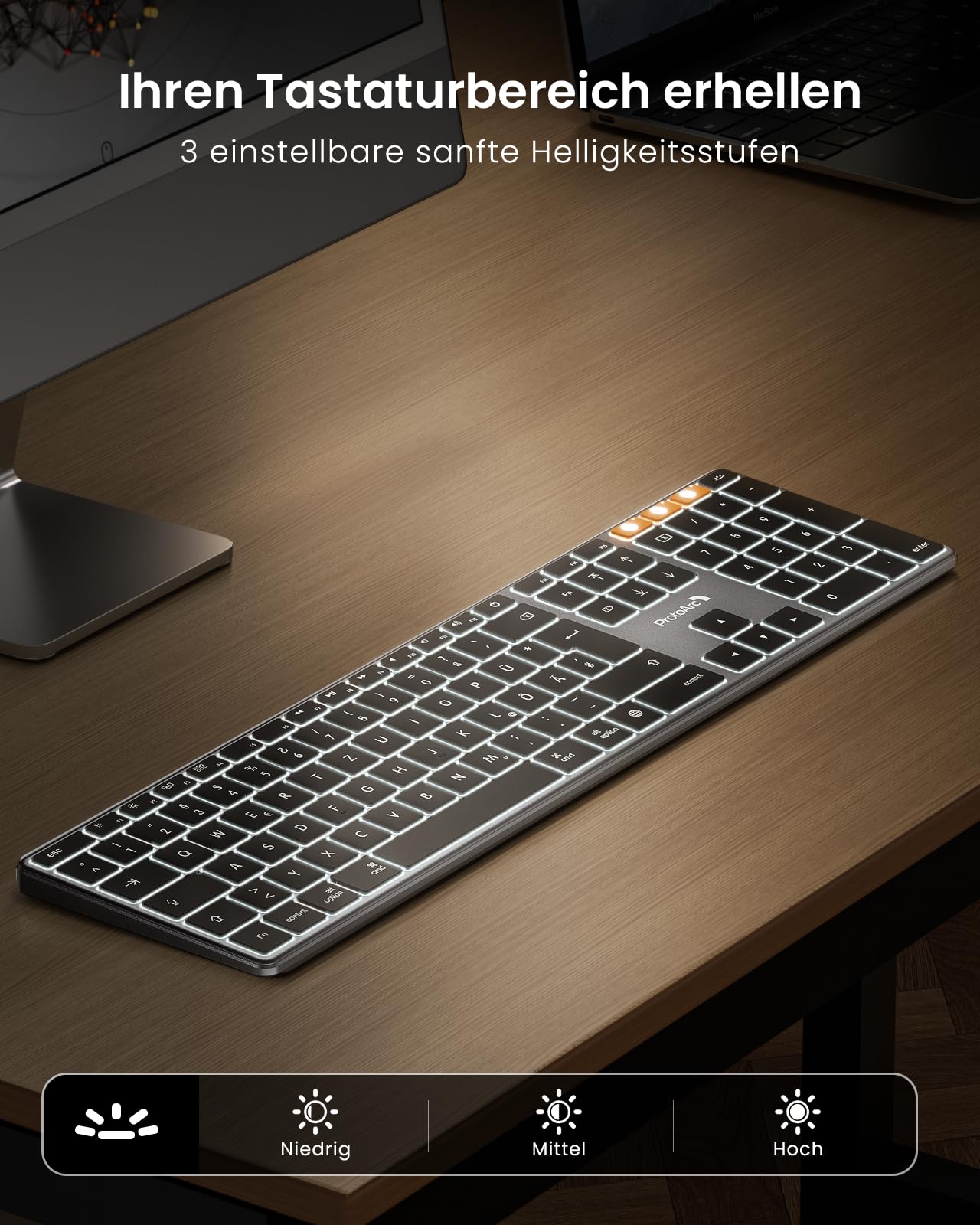 ProtoArc Beleuchtete Kabellose Tastatur für Mac, K110-A Aluminium-Bluetooth-Tastatur Full-Size, Mehrere Geräte, Flach, Wiederaufladbar, Funktastatur für MacBook Pro/Air, Mac mini, iPad
