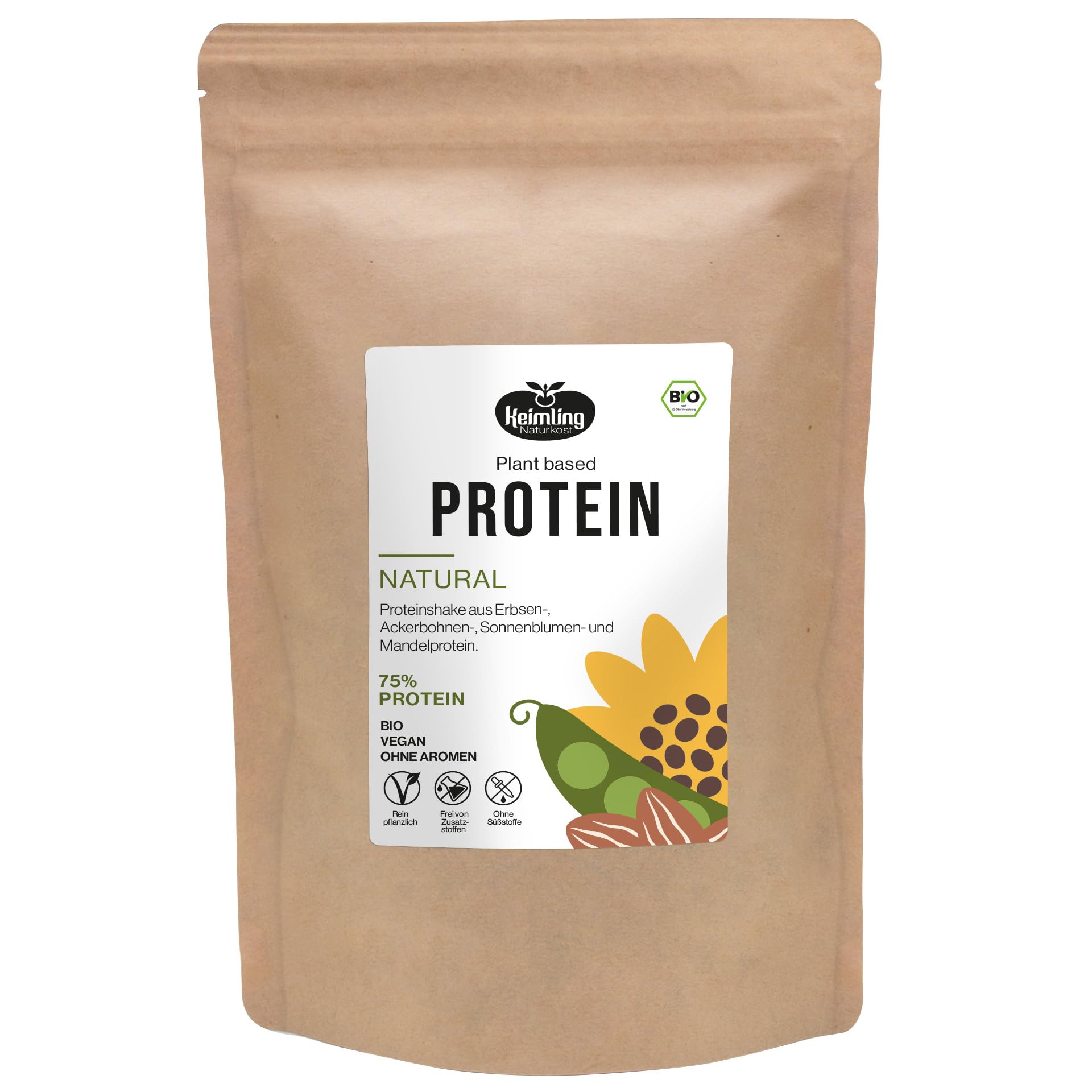 Keimling Bio Proteinpulver Natural 1000 g – 100% natürliches veganes Proteinpulver mit 75% Protein – Erbsen-, Ackerbohnen-, Sonnenblumen- & Mandelprotein – ohne Zuckerzusatz & künstliche Aromen