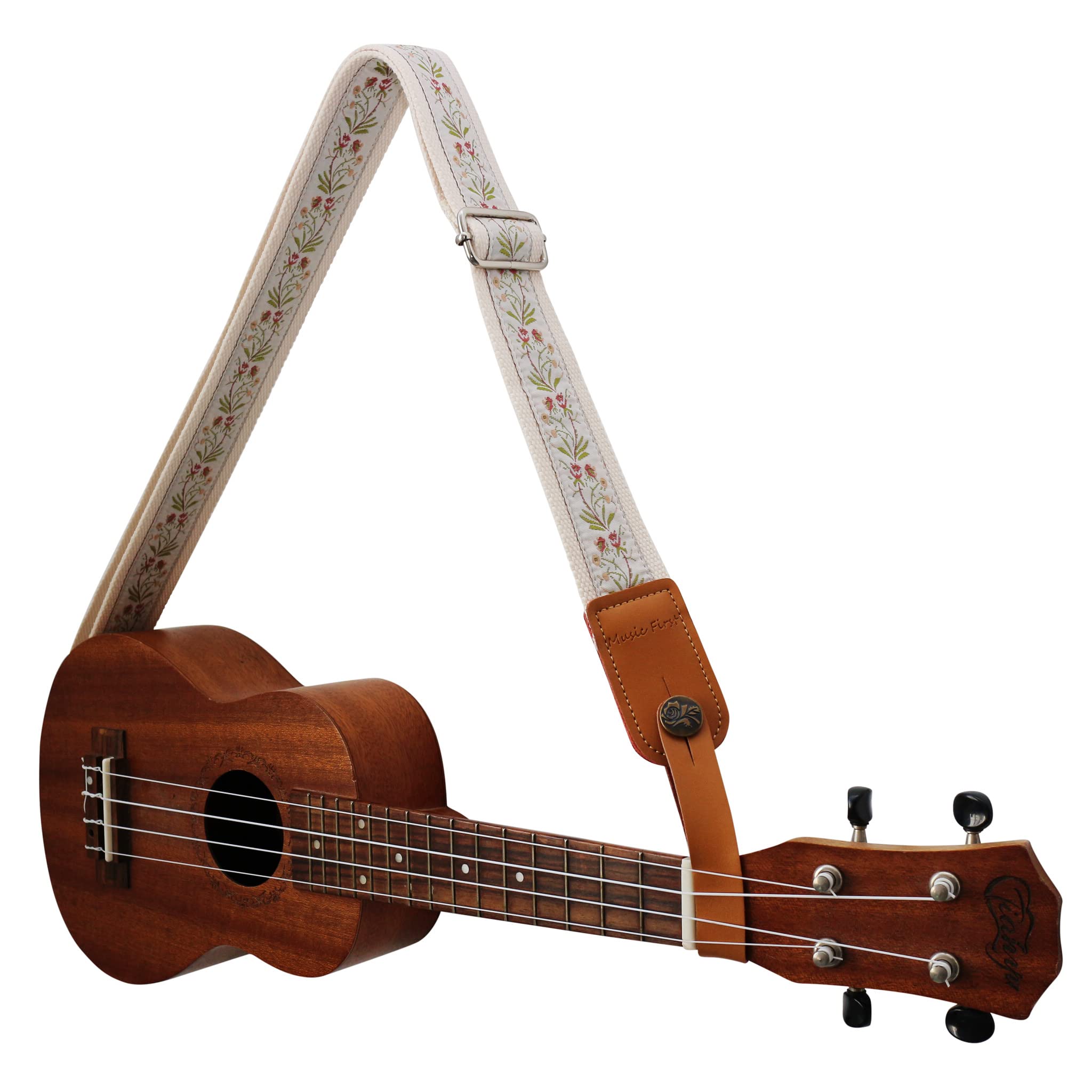 MUSIC FIRST Original Design Vintage Floral Embroidered & Genuine Leather Ukulele Strap Ukulele Shoulder Strap With a Genuine Leather Strap Locker (Creamy White Floral) - Image 4