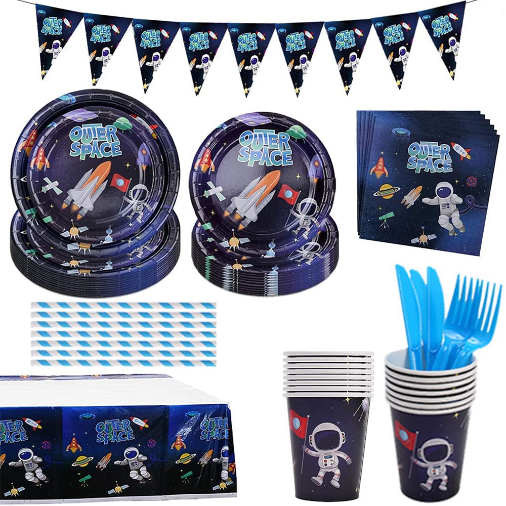 URbazaar Astronaut Planet Party Supplies Theme Party Disposable Tableware Set Decoration Supplies Party Table Cloth Set for Kids Favor Birthday Decoration Props Serves 16 Guests (Astronaut)
