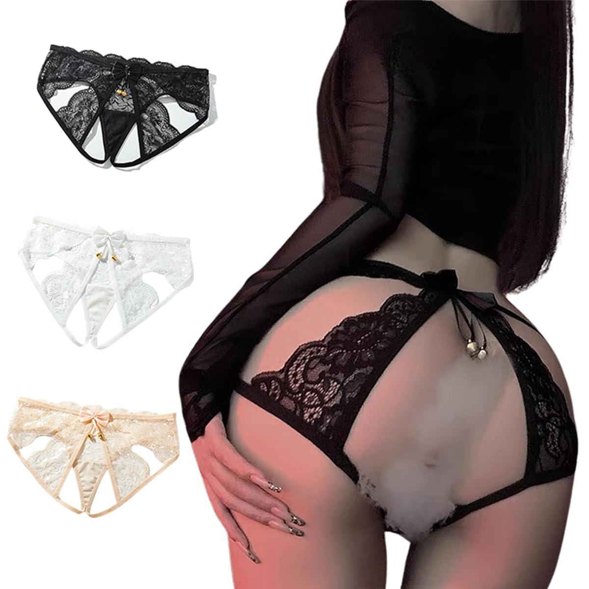 [LIKENNY] セクシー ショーツ レディース パンツ Tバック 過激 変態 sm ランジェリー 女性 オープンクロッチ 穴あき （黒+白+ピンク） 3点セット 蝶結び付き レース シースルー クロッチレス ショーツ 紐パン パンツ は音がなる鈴付き