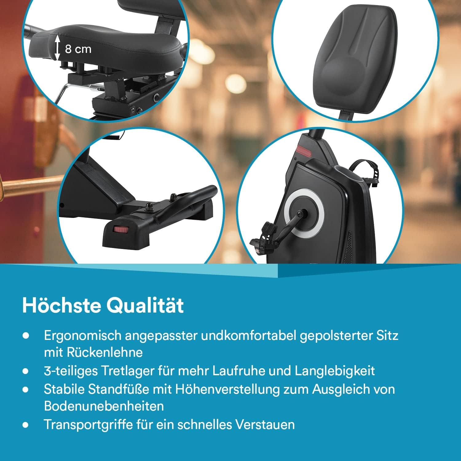Close-up of Skandika Veien Recumbent Bike seat adjustment, pedals, and backrest