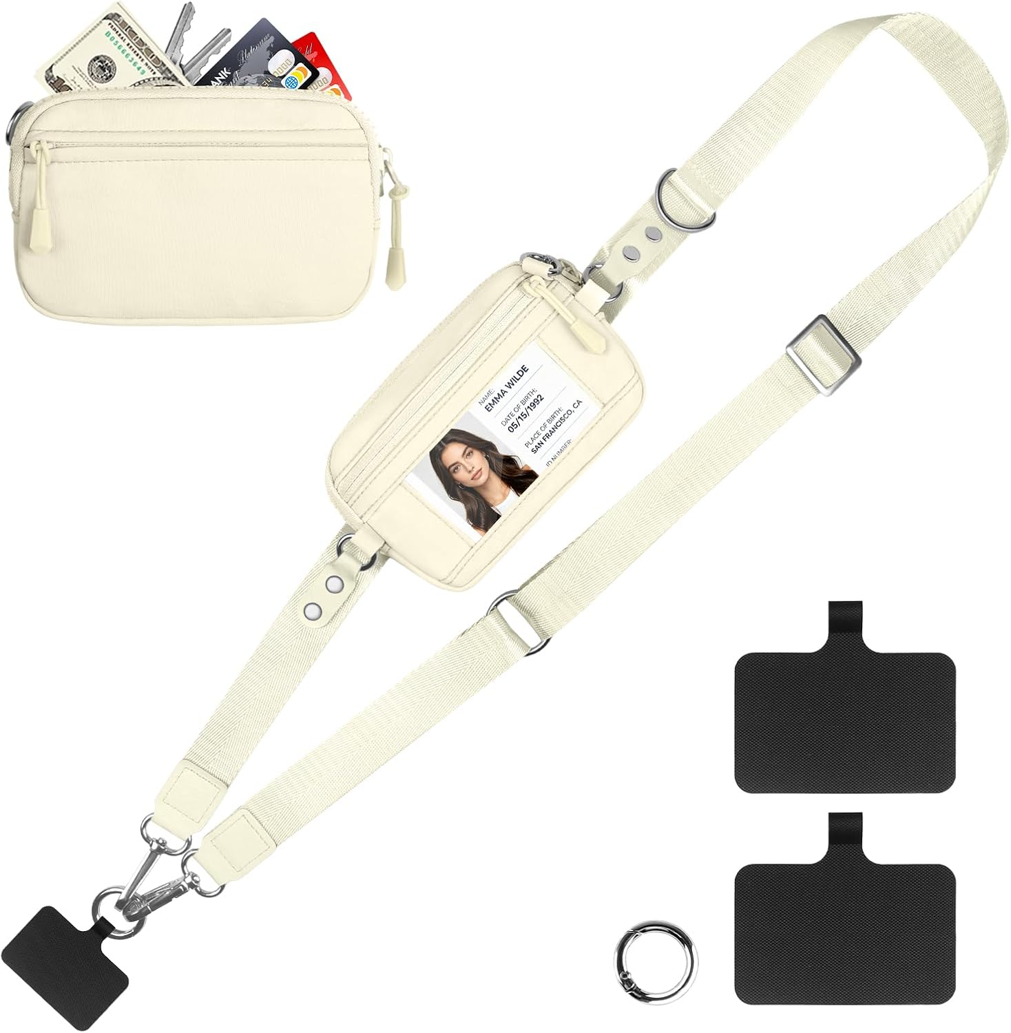 Clip and Go Strap for Phone with Wallet Crossbody, Adjustable & Detachable Phone Lanyard with RFID Wristlet Wallet, ID Window, Zipper, Universal Phone Strap for All Phones, Off-White (M)