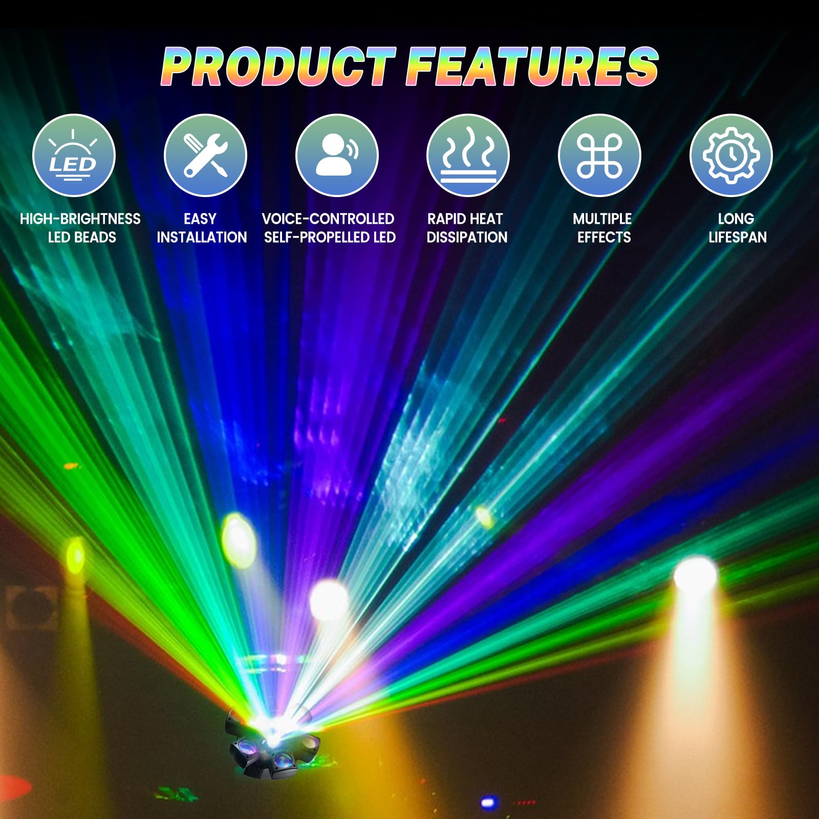 80 W Moving Head DJ Effet lumineux avec télécommande et contrôle de la musique Lumière stroboscopique avec 6 bras d'éclairage, 4 modes de fonctionnement, éclairage de scène pour fêtes, spectacles