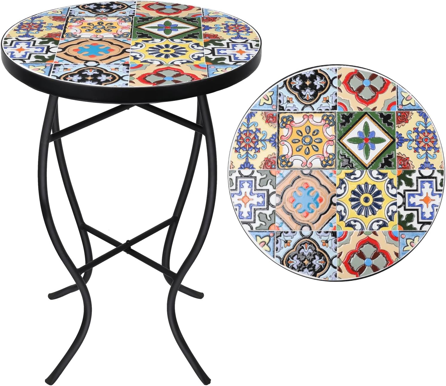 VCUTEKA 14'' Mosaic Outdoor Side Table - Multi-Yellow Round Patio Coffee Accent End Table for Garden Balcony Porch