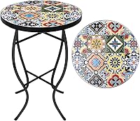 VCUTEKA 14'' Mosaic Outdoor Side Table - Multi-Yellow Round Patio Coffee Accent End Table for Garden Balcony Porch