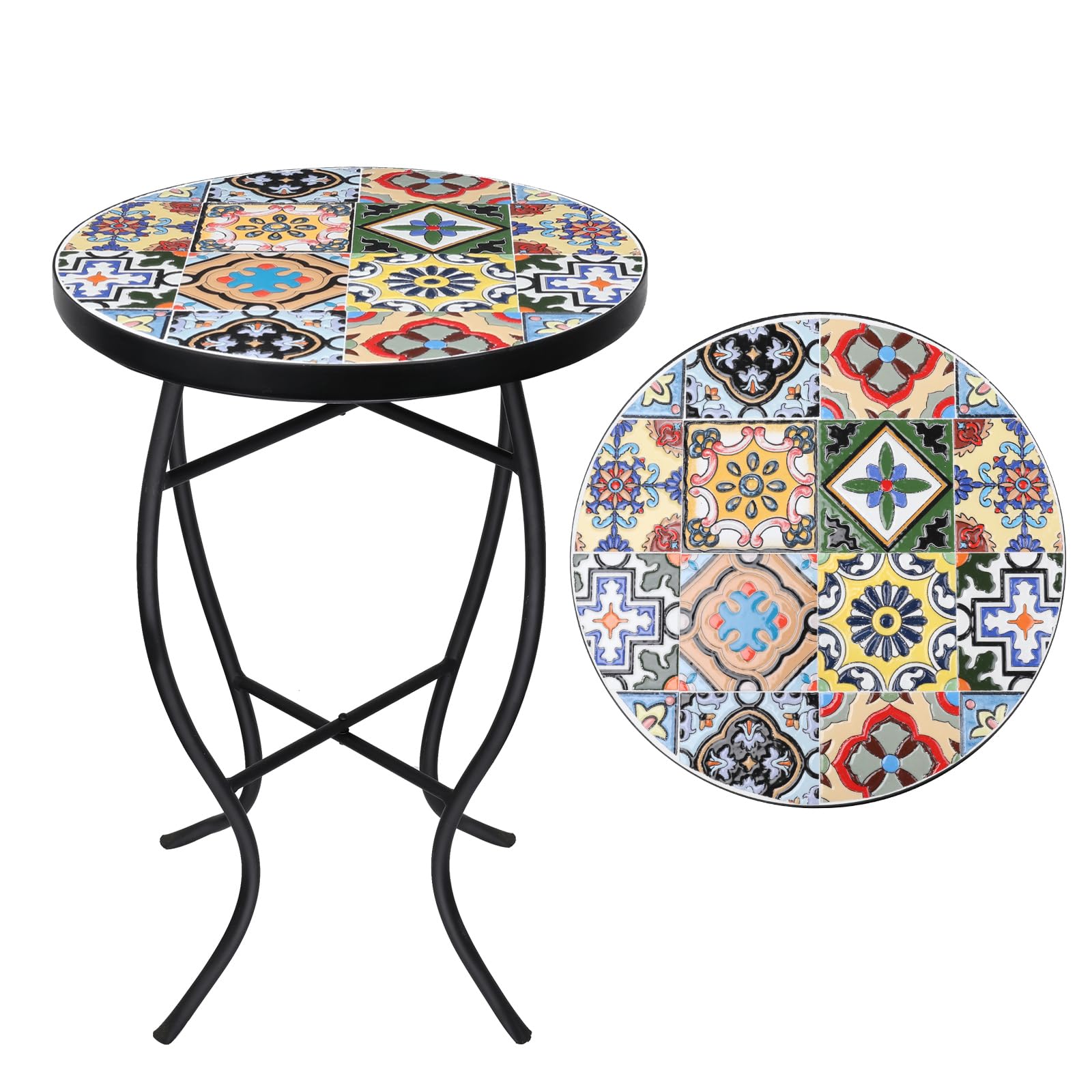 VCUTEKA Outdoor Mosaic Side Table - Small Patio Table Coffee Table Outside Accent Table Round End Plant Table for Bistro Balcony Porch Outdoor Benches 14''