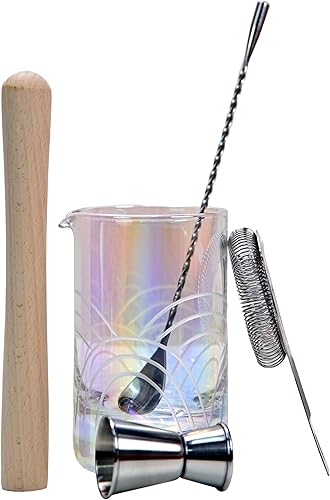 Lexenic Kit de vasos mezcladores de cóctel de 18 onzas, cristal iridiscente y sin costuras, accesorio de camarero para hacer cócteles clásicos como