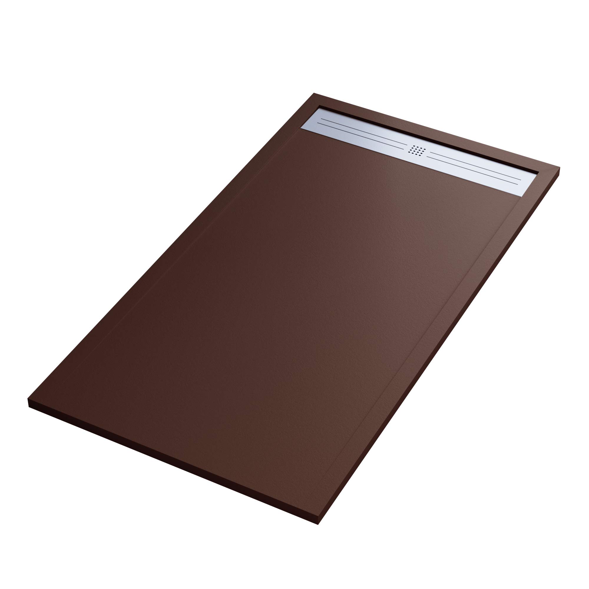 Piatto Doccia Mineralmarmo Effetto Pietra Ardesia - Modello Moon - Marmo Resina con Gelcoat - Griglia Laterale in Acciaio Inox - Colore Marrone - 70x140