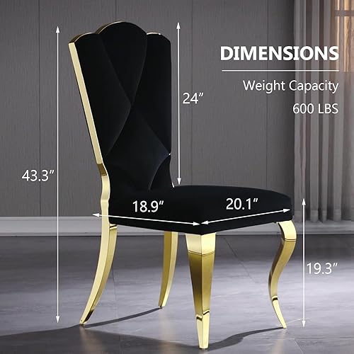 Miniatura 3 de Juego de 4 sillas de comedor de terciopelo negro, sillas de cocina tapizadas con respaldo alto con patas de metal pulido dorado, sillas de comedor