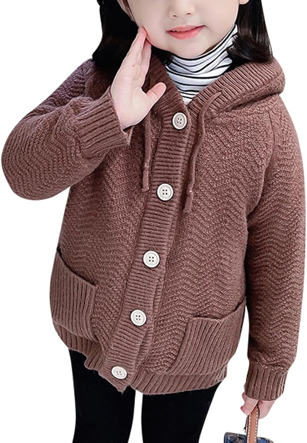 Girls Long Sleeve Hood Sweater Cardigan Button Knit Cotton Solid Sweater Outwear