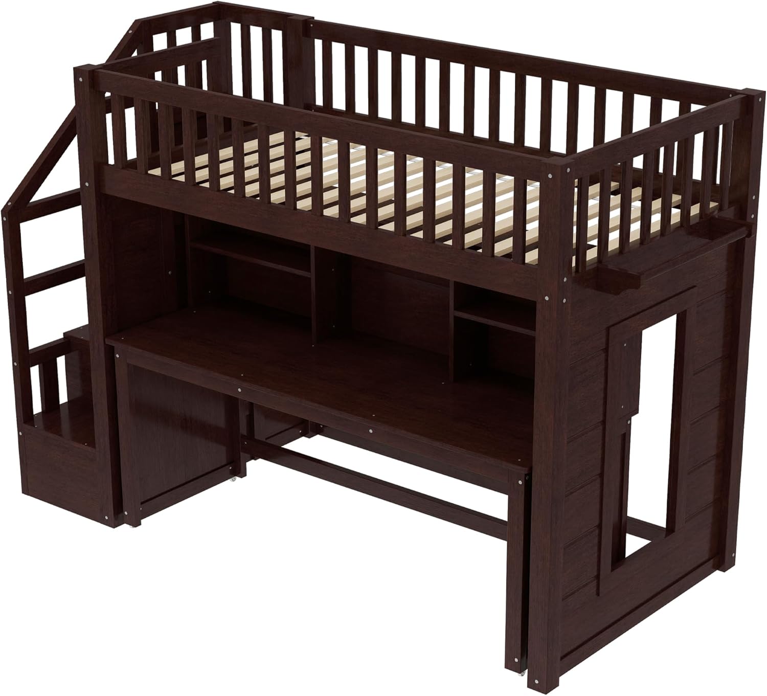 Harper & Bright Designs Twin Size Loft Bed with Stairs, Solid Wood Loft Bed with Movable Desk, Featuring Storage Stairs and Storage Shelf, for Teens Adults (Espresso)