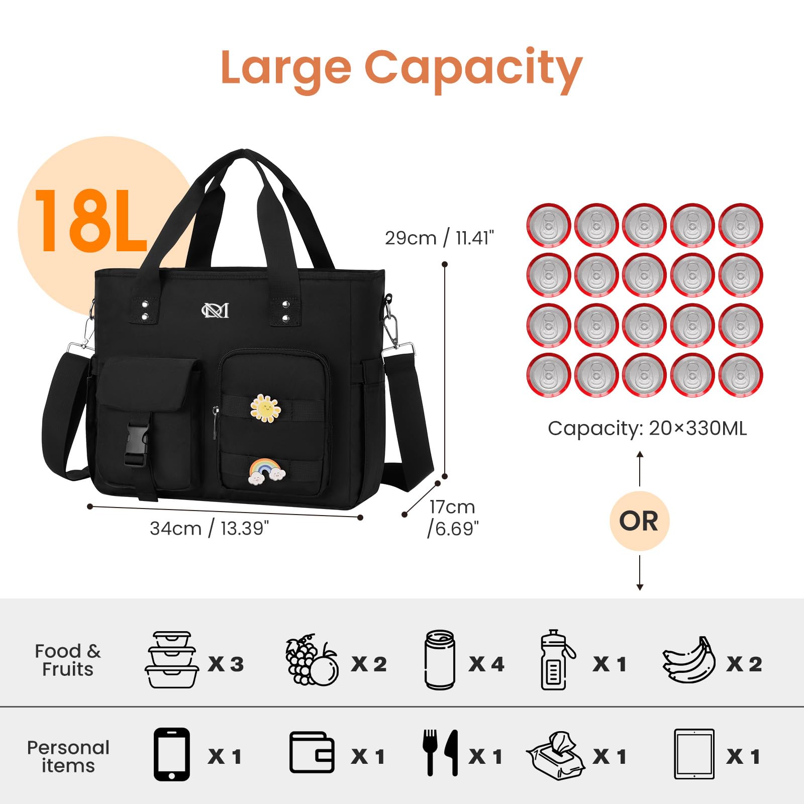 Grand sac à déjeuner isotherme pour homme et femme, étanche, réutilisable, avec bandoulière, sac isotherme multi-poches pour le travail, l'école, le pique-nique, la randonnée, la plage, le