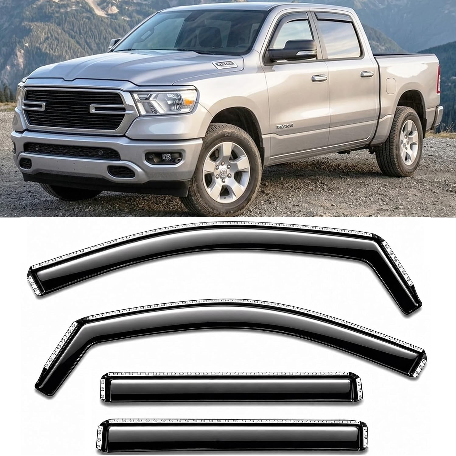 2019-2026 in-Channel Rain Guards for Dodge Ram 1500 Side Window Visor Deflectors Crew Cab Only Tinted Vent Shade Protectors 2020 2021 2022 2023 2024 2025