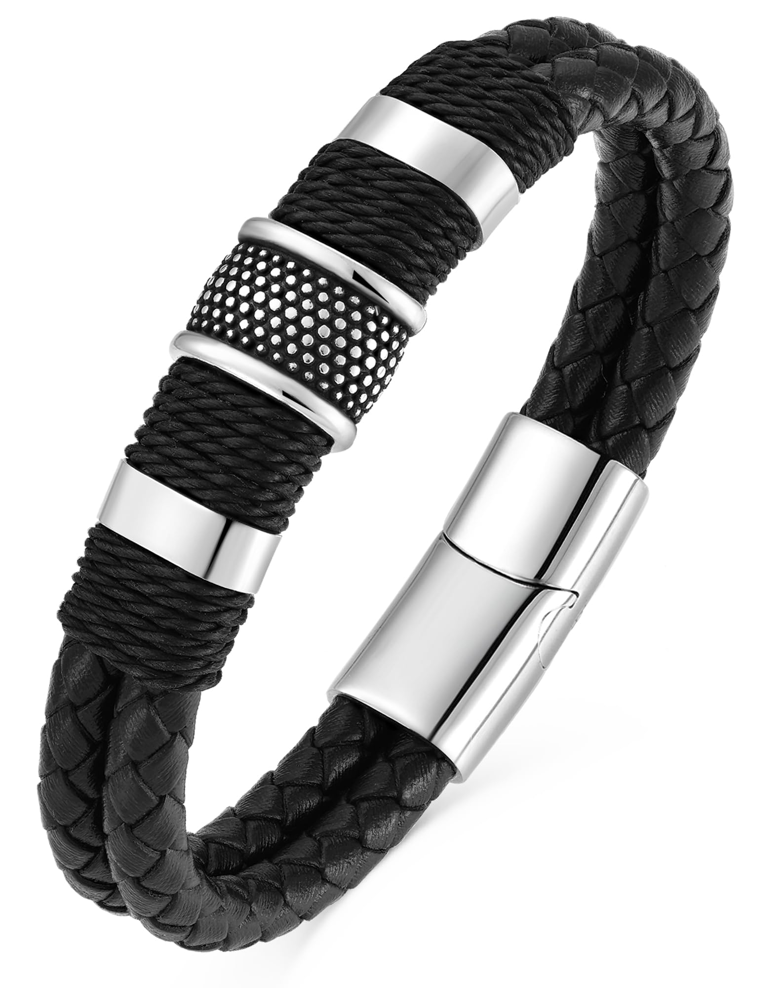 YL Braided Leather Mens Bracelet 18K White Yellow Gold Rhodium Plated Stainless Steel Black Brown Red Green Cuff