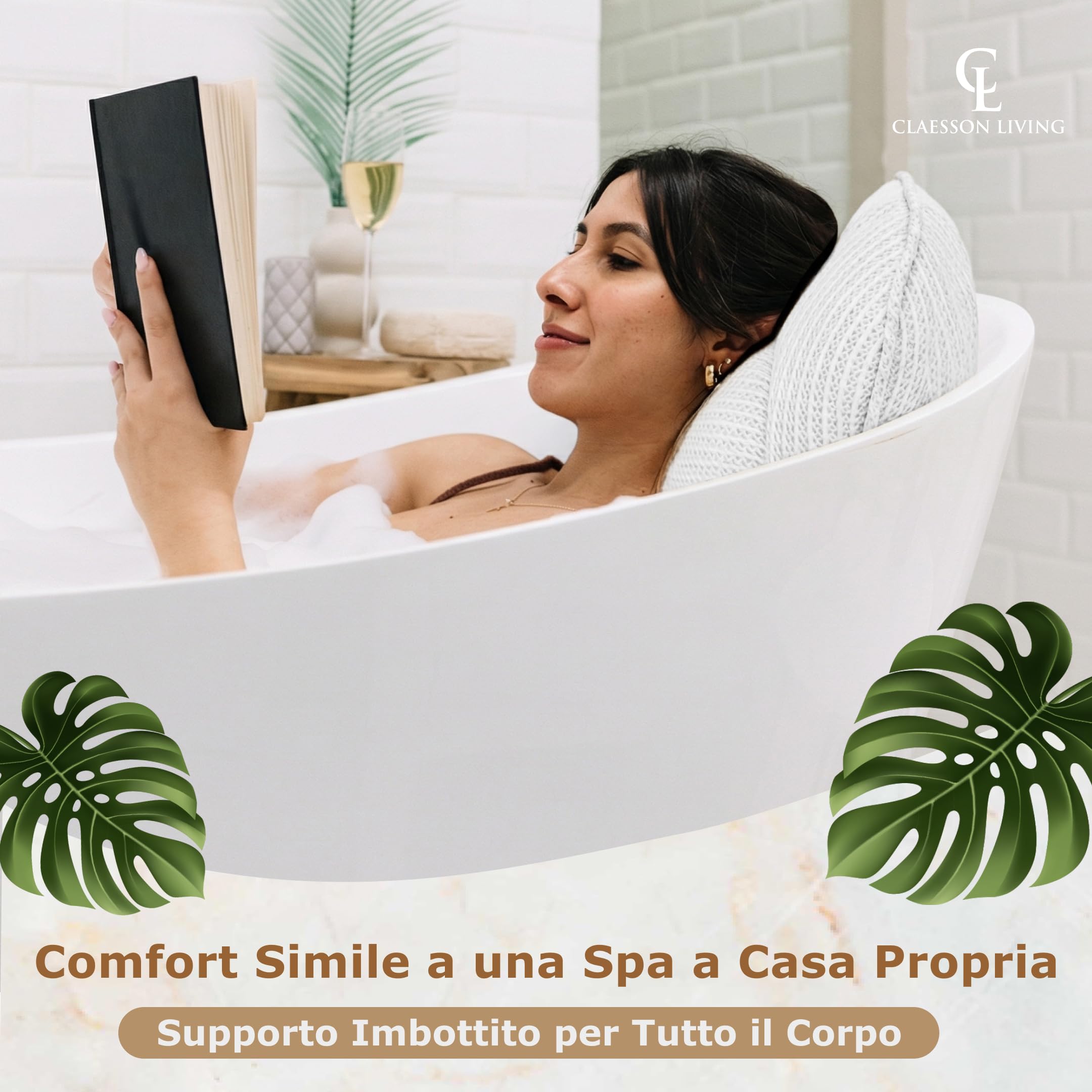 Cuscino Vasca da Bagno per Tutto il Corpo (152x56cm) – Cuscino Bagno con ventose e Poggiatesta (11cm); Supporta Collo, Schiena e Gambe – Incl. borse Lavaggio/Viaggio e Gancio Asciugatura – Bianco