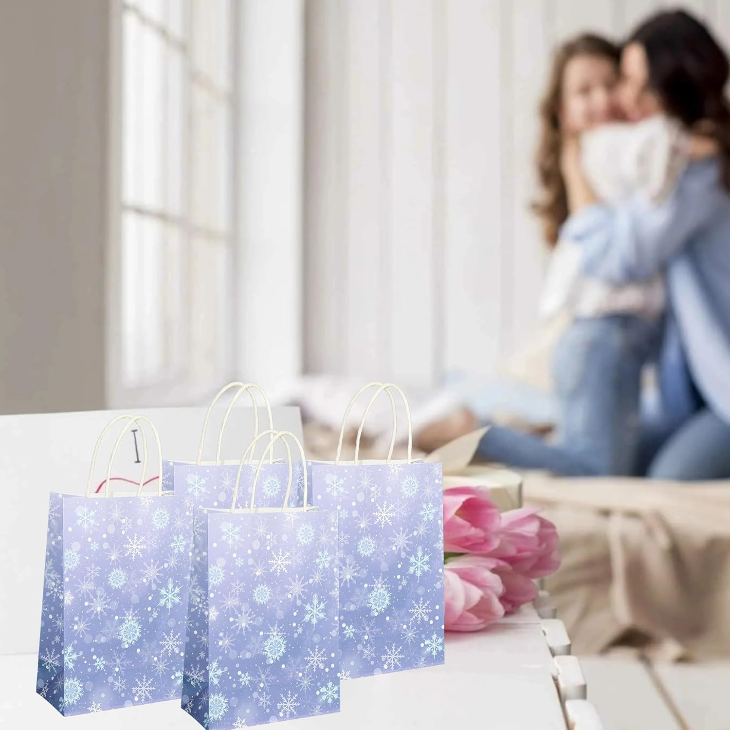 W WINTMING 12 Pcs Snowflake Gift Bags Snowflake Paper Goodie Bags Bulk Frozen Party Favor Bags with Handles for Birthday Christmas Winter Wonderland - Image 5