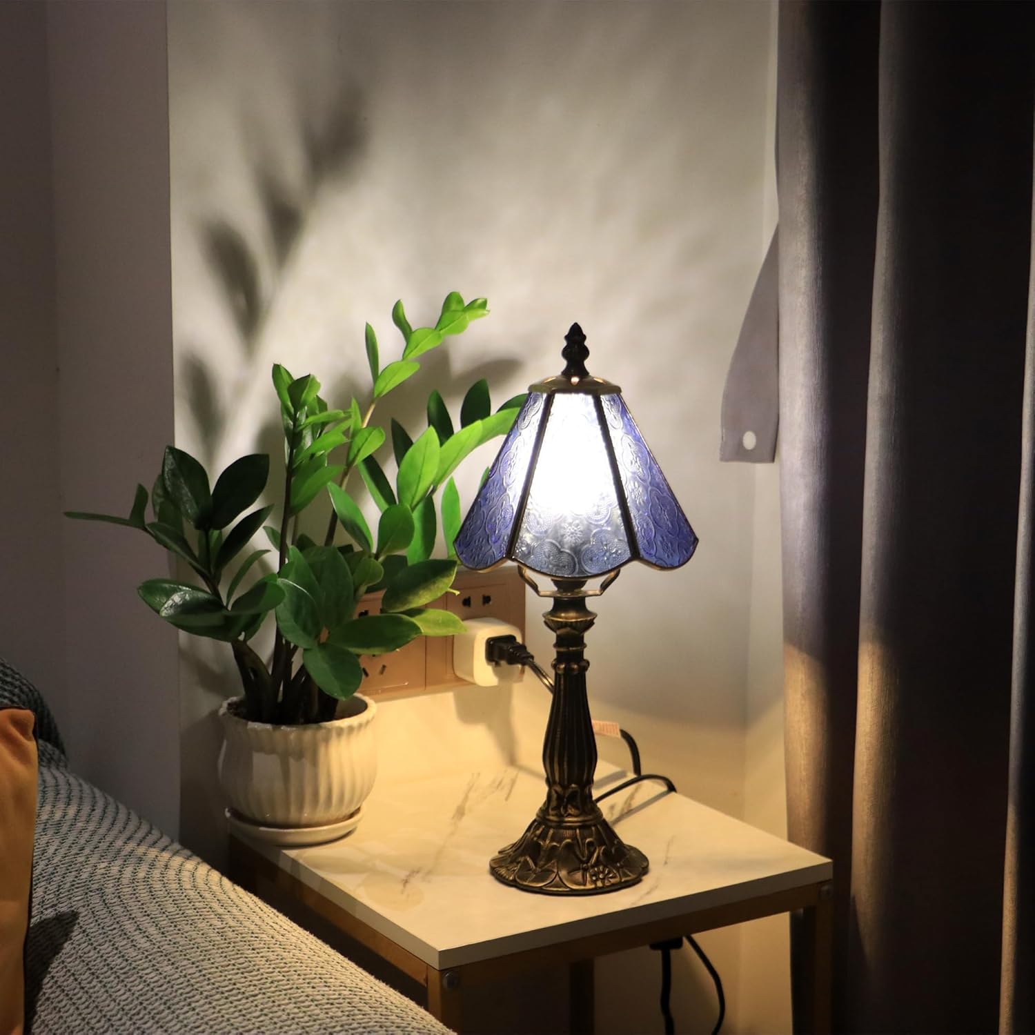 Small Tiffany Table Lamp Blue Plum Blossom Style Stained Glass Desk Lamps 6X6X14 Inch Bronze Resin Base Antique Mini Accent Light