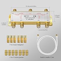 Vista 2 de Justech Divisor de cable coaxial de 6 vías, divisor coaxial de TV MoCA 5-2500MHz con cable coaxial de 4.9 ft F enchufes para Sky Box Telewest