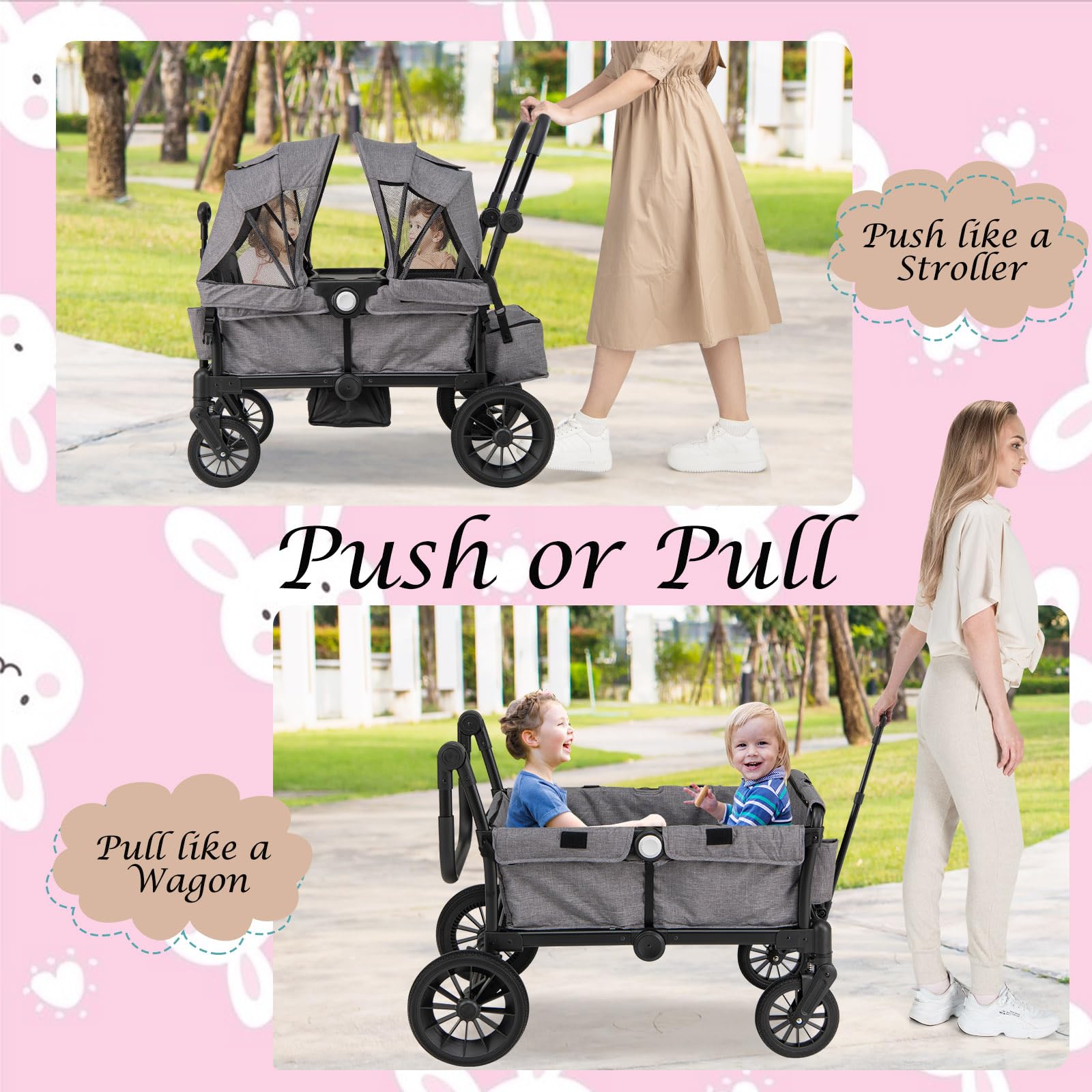 LIFEZEAL 2-Sitzer-Kinderwagen für Kinder ab 6 Monaten, Geschwisterwagen Zwillingskinderwagen mit Becherhalter & Verdeck, Kombikinderwagen mit Wickeltasche für Reisen, 104 x 46 x 107 cm (Grau)