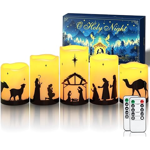 Homemory Flameless Christmas Nativity Scene Candles, Battery Operated LED Pillar Religion Candles, Nativity Sets Indoor Outdoor Decor for Xmas Holiday Home Decor, Remote Timer, Christmas Decor, 5 Pack