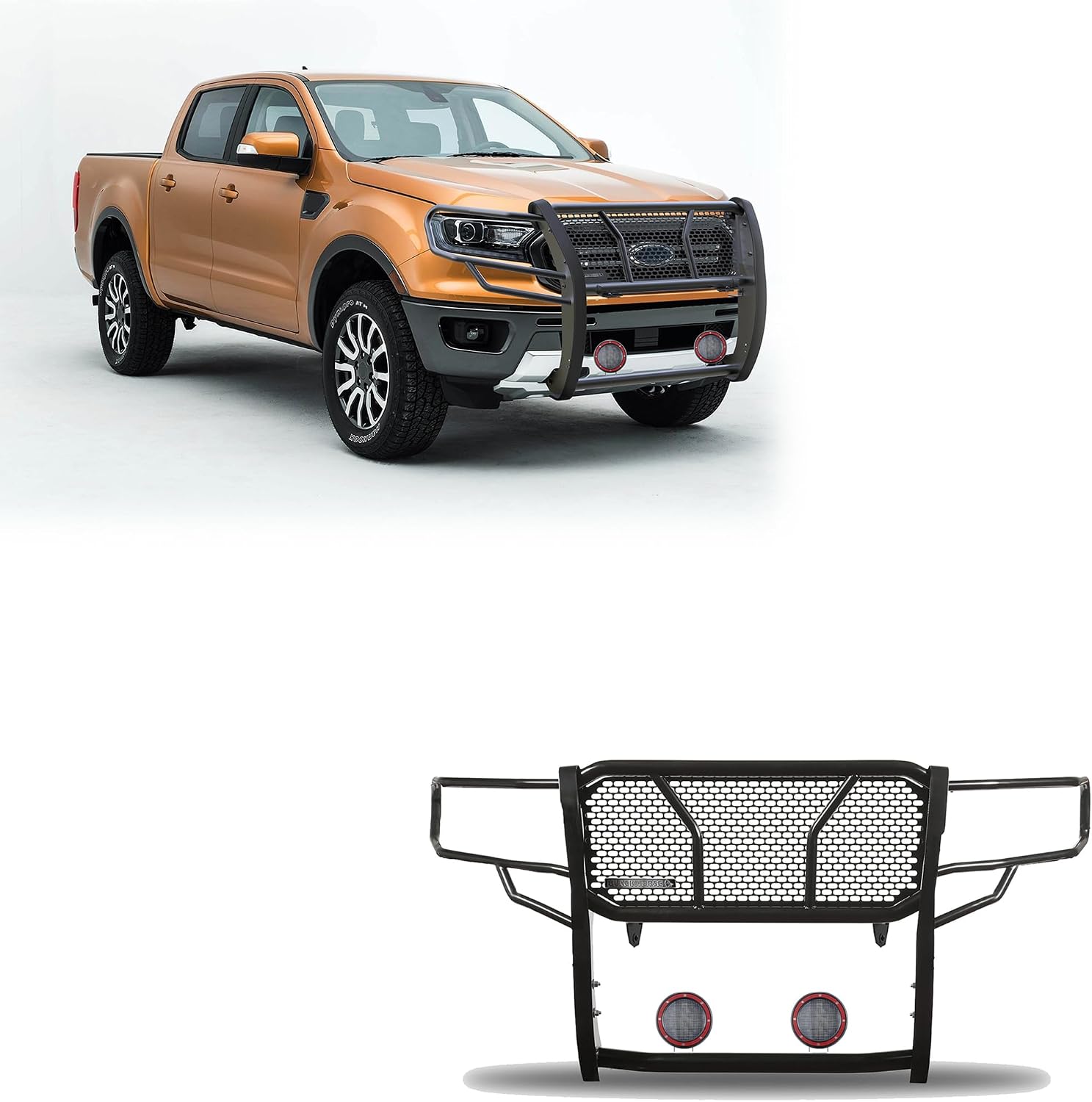 Black Horse Rugged Heavy Duty Grille Brush Bumper Guard Modular Black Come with Pair of 5.3" Dia.LED Lights with Red Trim Rings Compatible with 2019-2023 Ford Ranger-RU-FORA19-B-PLFR