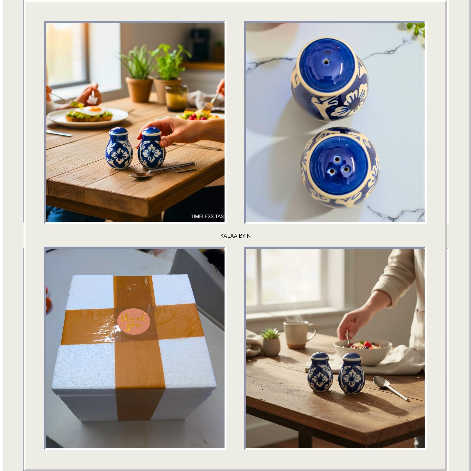Kalaa By N Salt Pepper Set for Dining Table Kitchen - Ceramic Salt and Pepper Shakers Dispenser Container Sprinkler 60ML - Home Cafe Office Restaurant - Dishwasher Safe (Blue and White) - Image 4 thumbnail