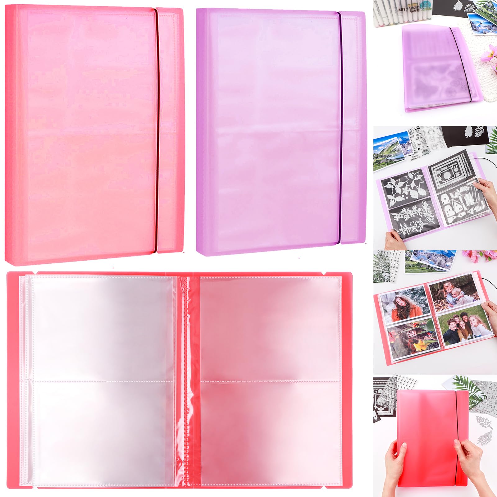 2 Pack Large Sticker Photo Storage Album, Stamp &amp; Cutting Dies Storage Book Organizer Folder for Cards Storage DIY Scrapbooking Card Making Supplies 20 Pages 80 Pockets/Pack (Clear + Purple)