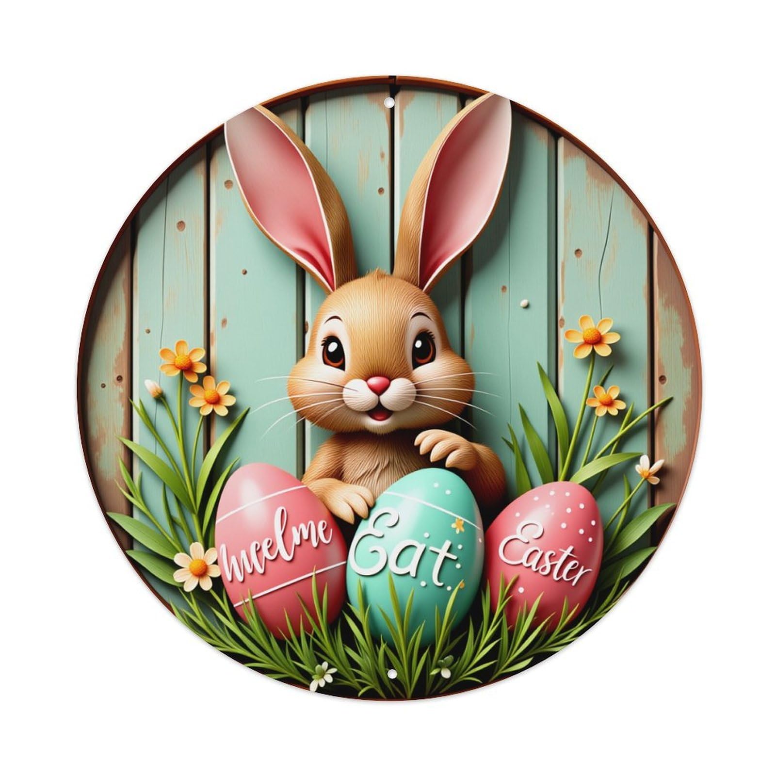 Easter Bunny Eggs Flowers Spring Round Tin Sign Vintage Metal Poster Retro Bar, Home, Man Cave, Kitchen, Laundry Room Wall Art Decor Gift 8x8Inch